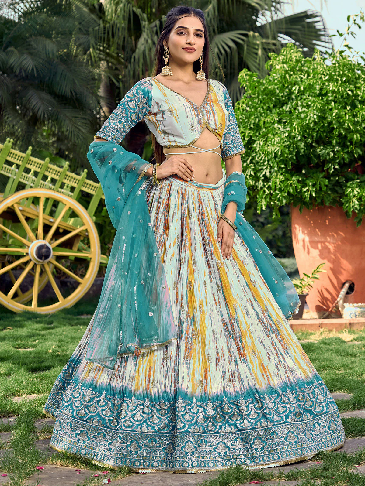 Odette Teal Chinon Embellished Semi Stitched Lehenga With Unstitched Blouse For Women - Image 3