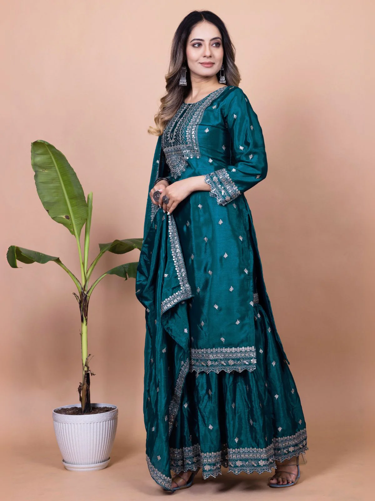 Odette Teal Chinon Embroidered & Cutwork Kurta Set For Women - Image 2