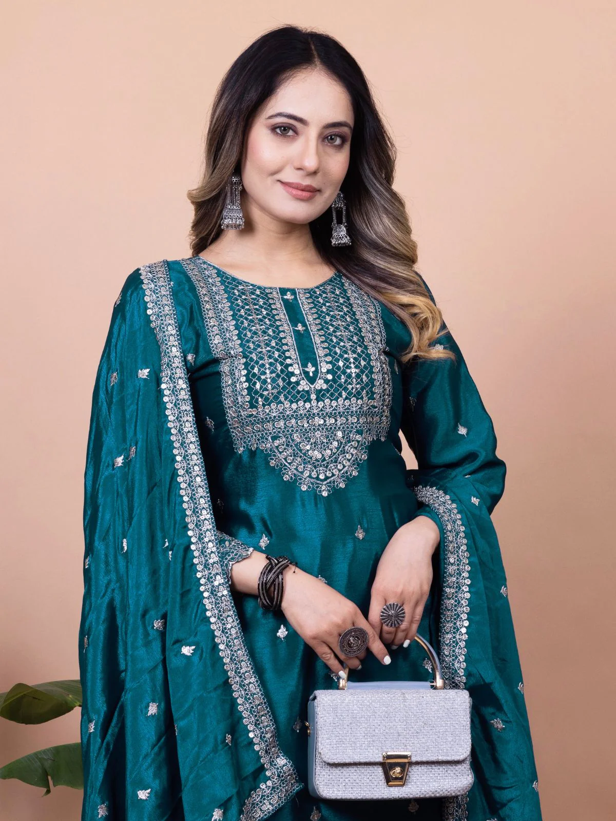 Odette Teal Chinon Embroidered & Cutwork Kurta Set For Women - Image 3