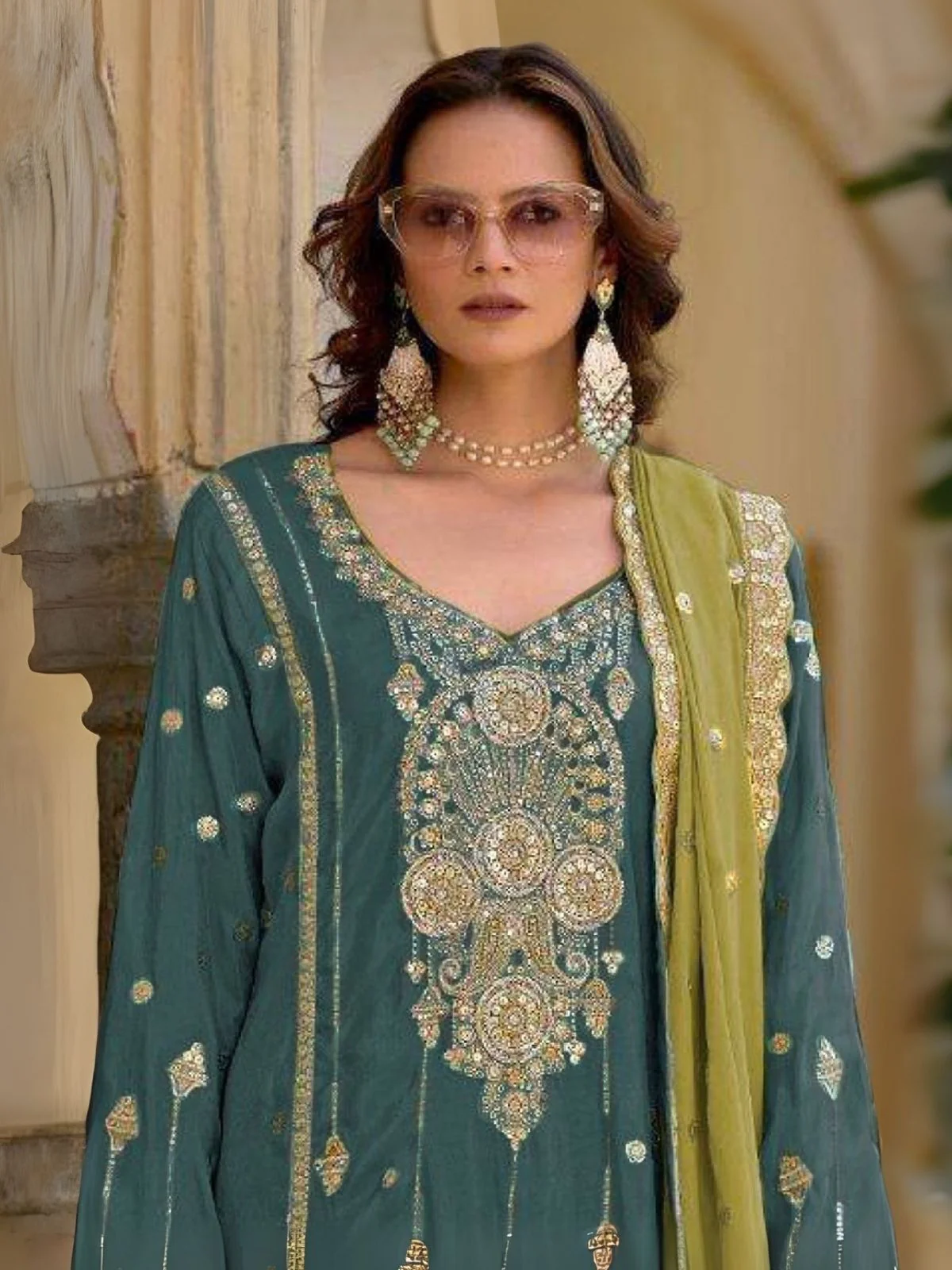 Odette Teal Chinon Embroidered Semi-Sitched Kurta Set For Women - Image 2