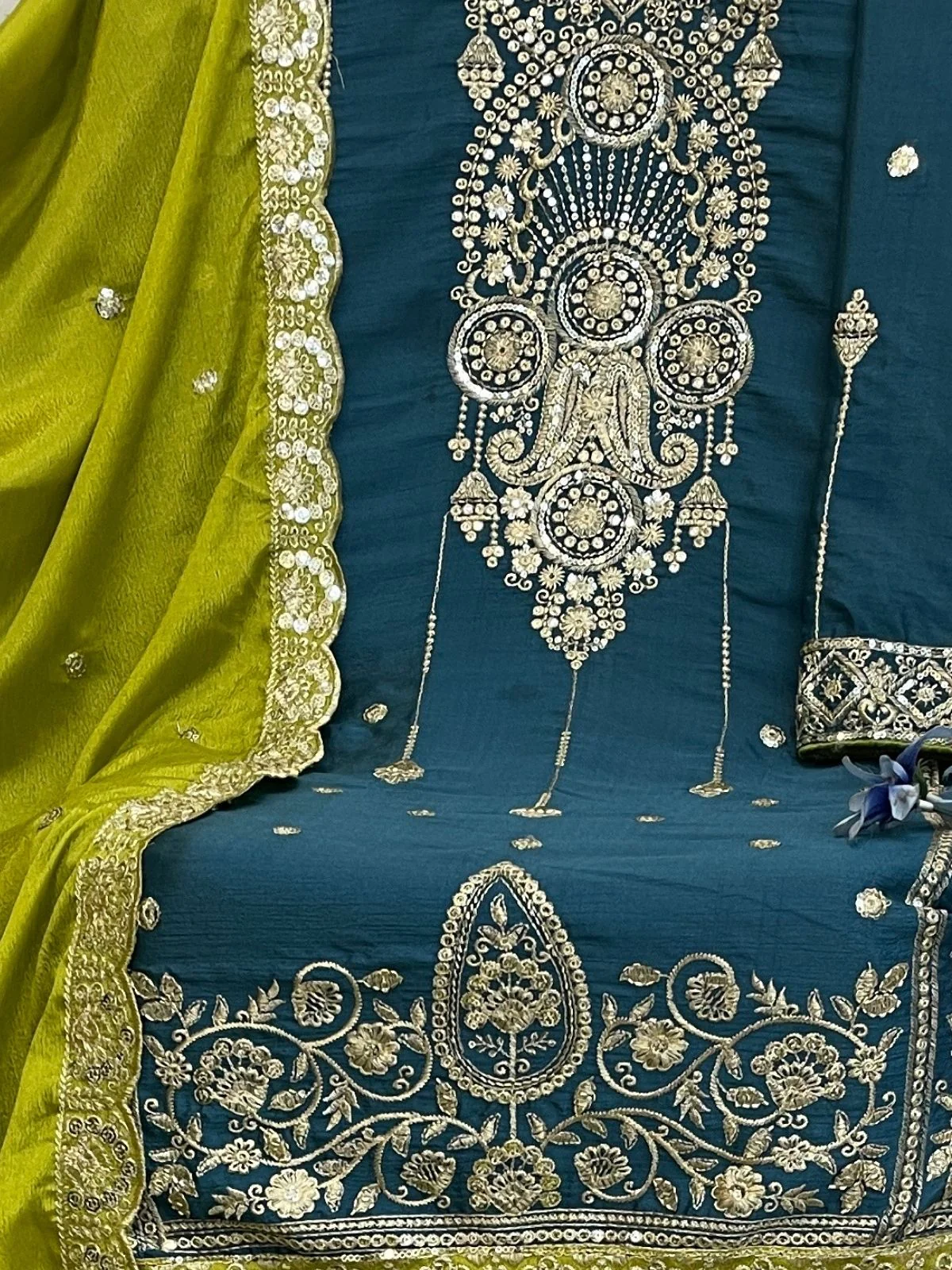 Odette Teal Chinon Embroidered Semi-Sitched Kurta Set For Women - Image 3