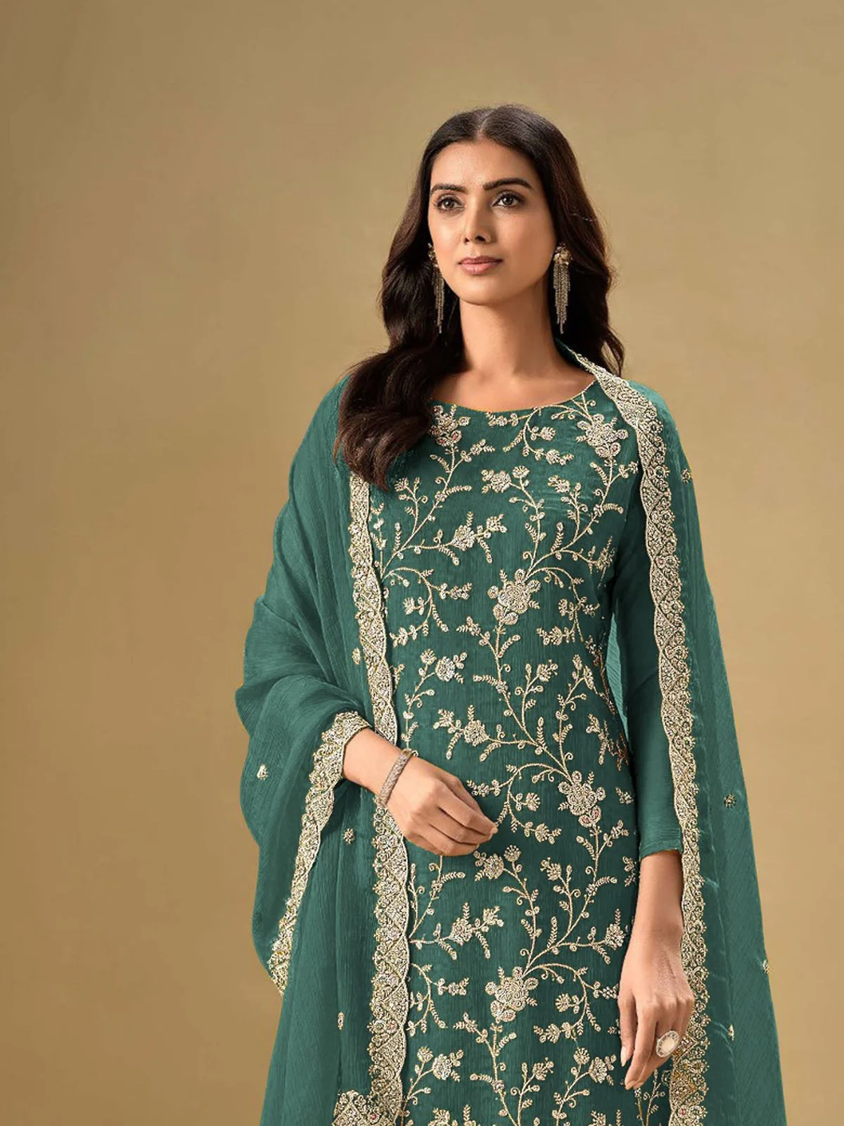 Odette Teal Chinon Embroidered Semi-Stitched Kurta Set For Women - Image 2