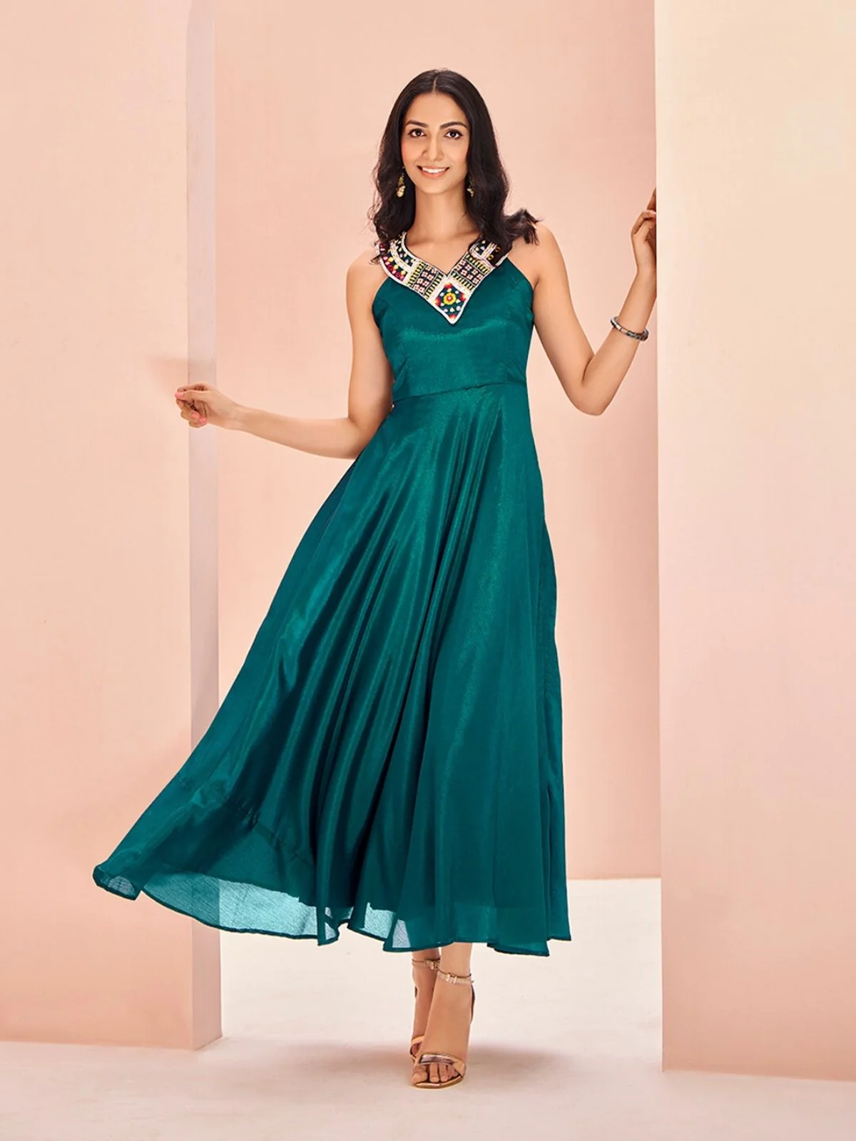 Odette Teal Chinon Embroidered Stitched Gown For Women