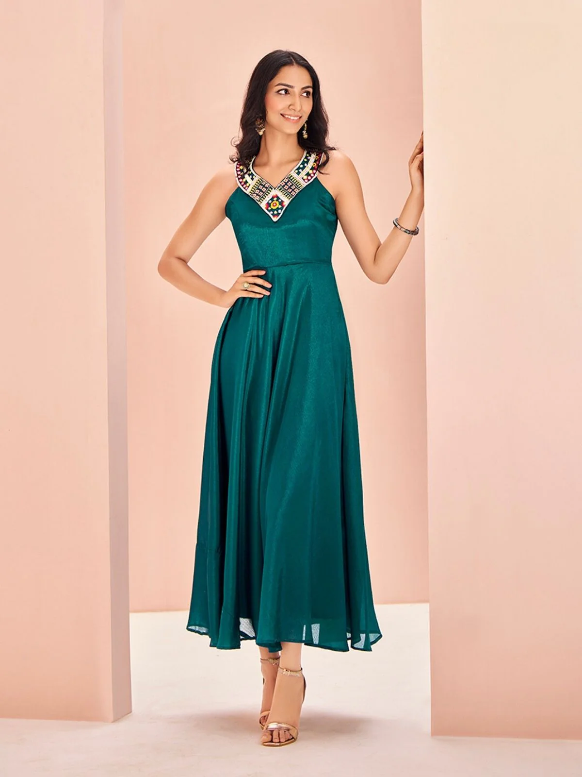 Odette Teal Chinon Embroidered Stitched Gown For Women - Image 2