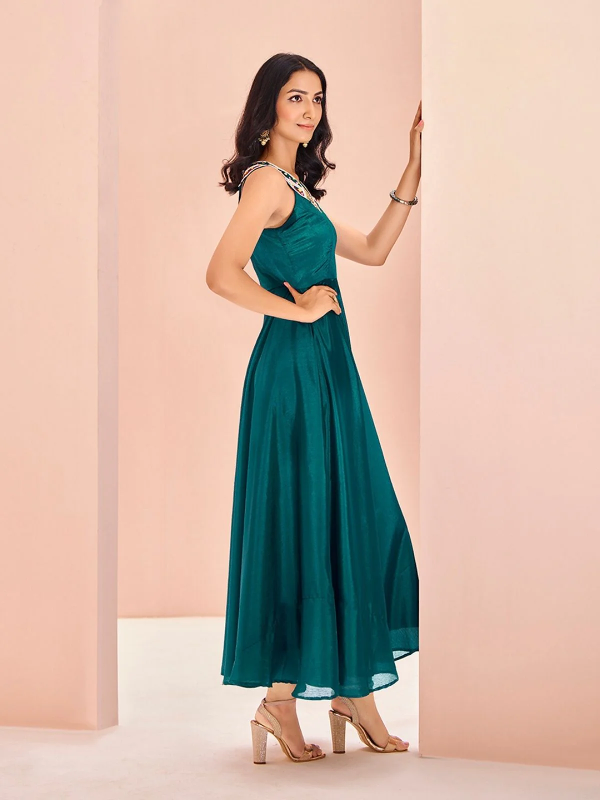 Odette Teal Chinon Embroidered Stitched Gown For Women - Image 3