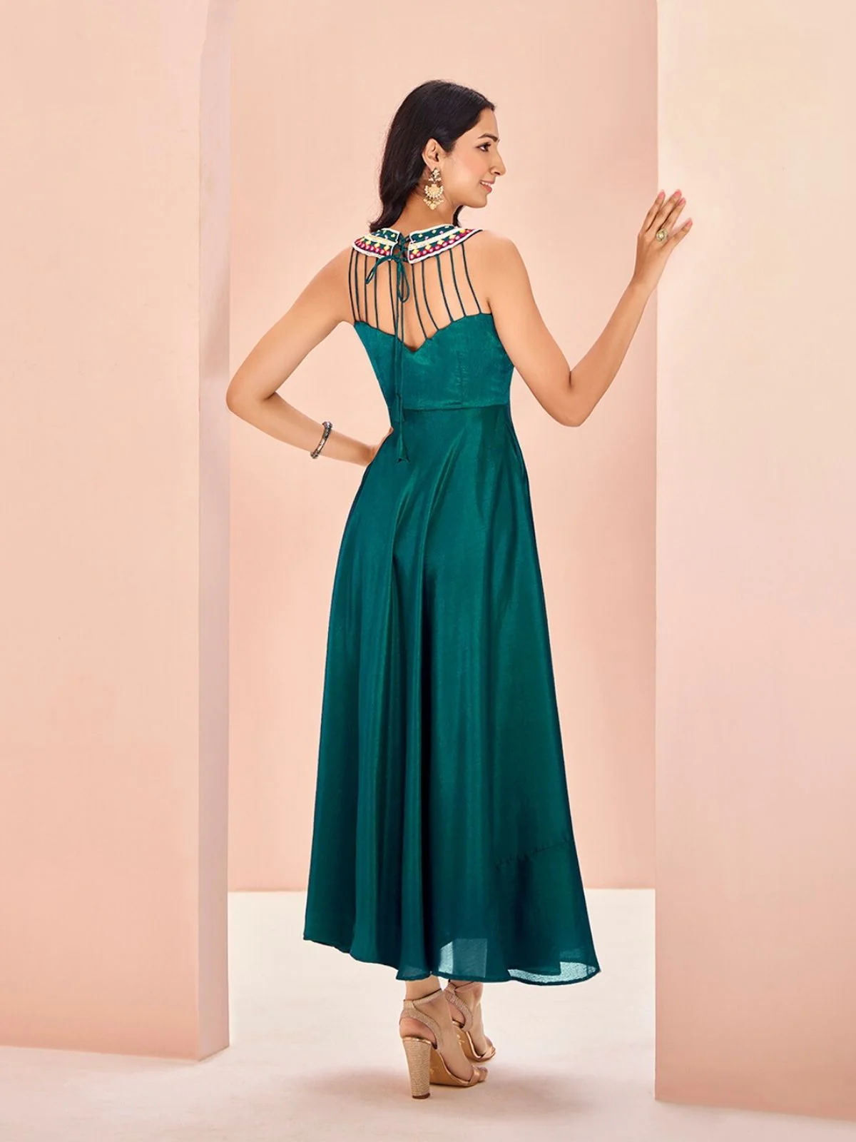 Odette Teal Chinon Embroidered Stitched Gown For Women - Image 4