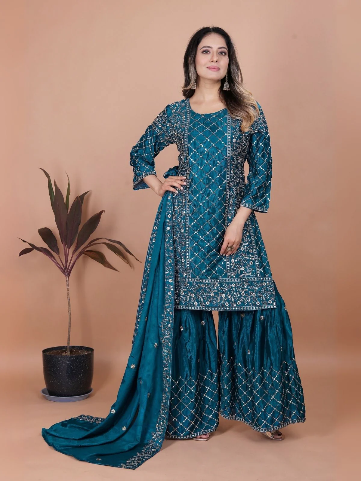 Odette Teal Chinon Embroidered Stitched Kurta Set For Women - Image 2