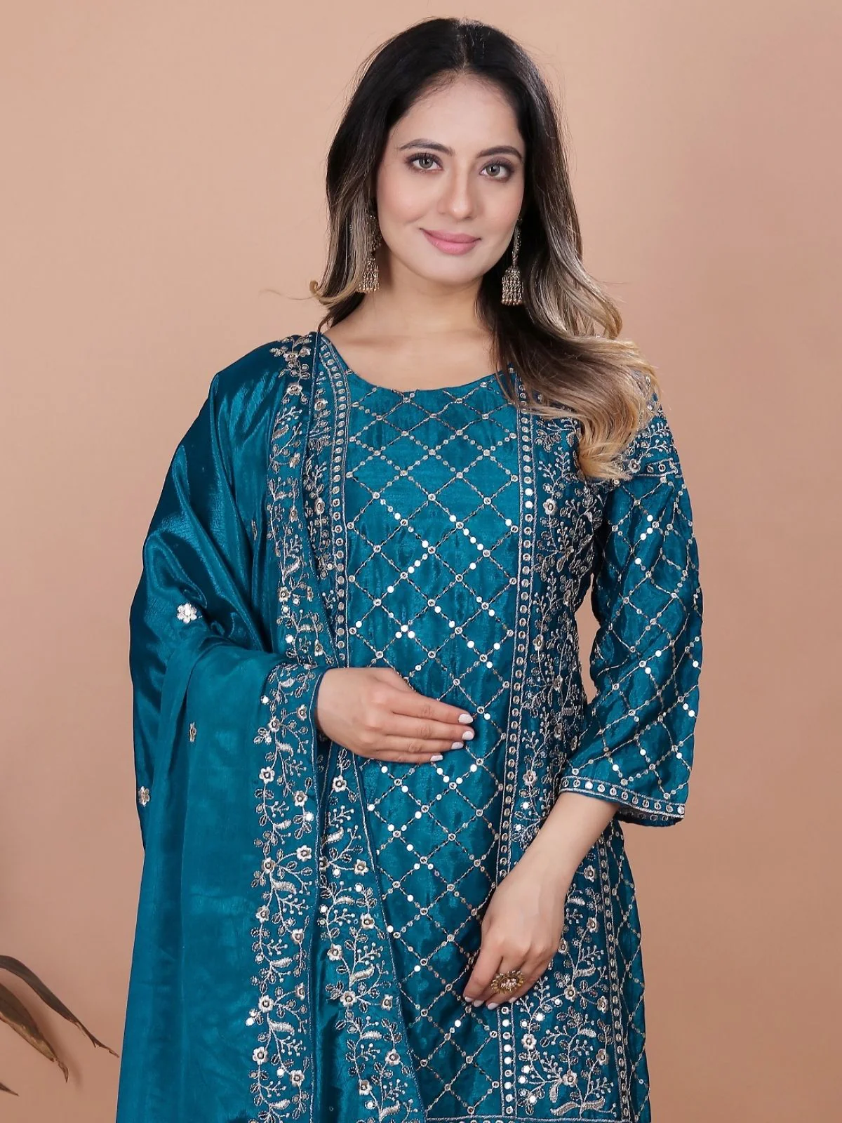 Odette Teal Chinon Embroidered Stitched Kurta Set For Women - Image 4
