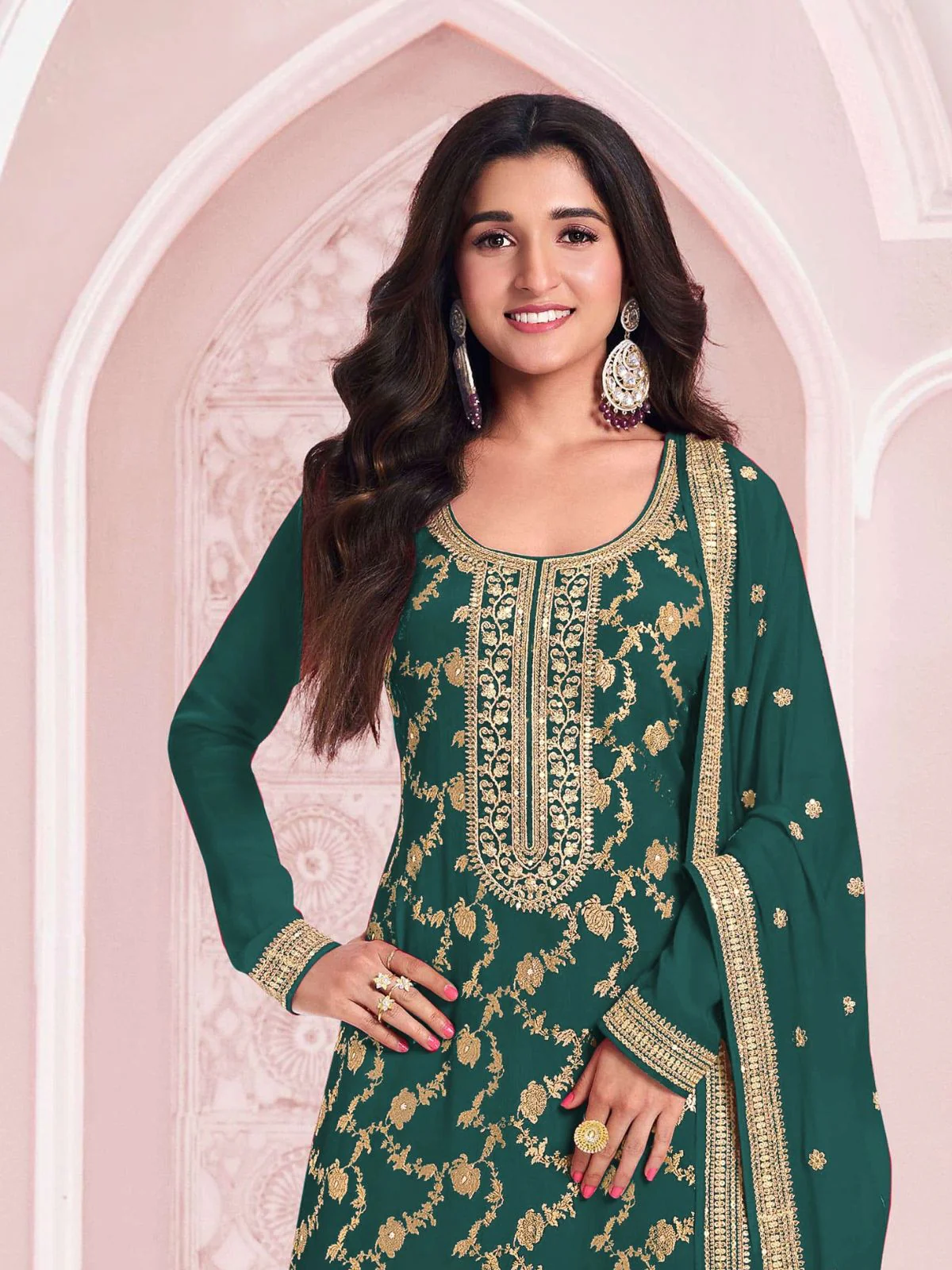 Odette Teal Cotton Blend Embroidered Semi-Stitched Kurta Set For Women - Image 2