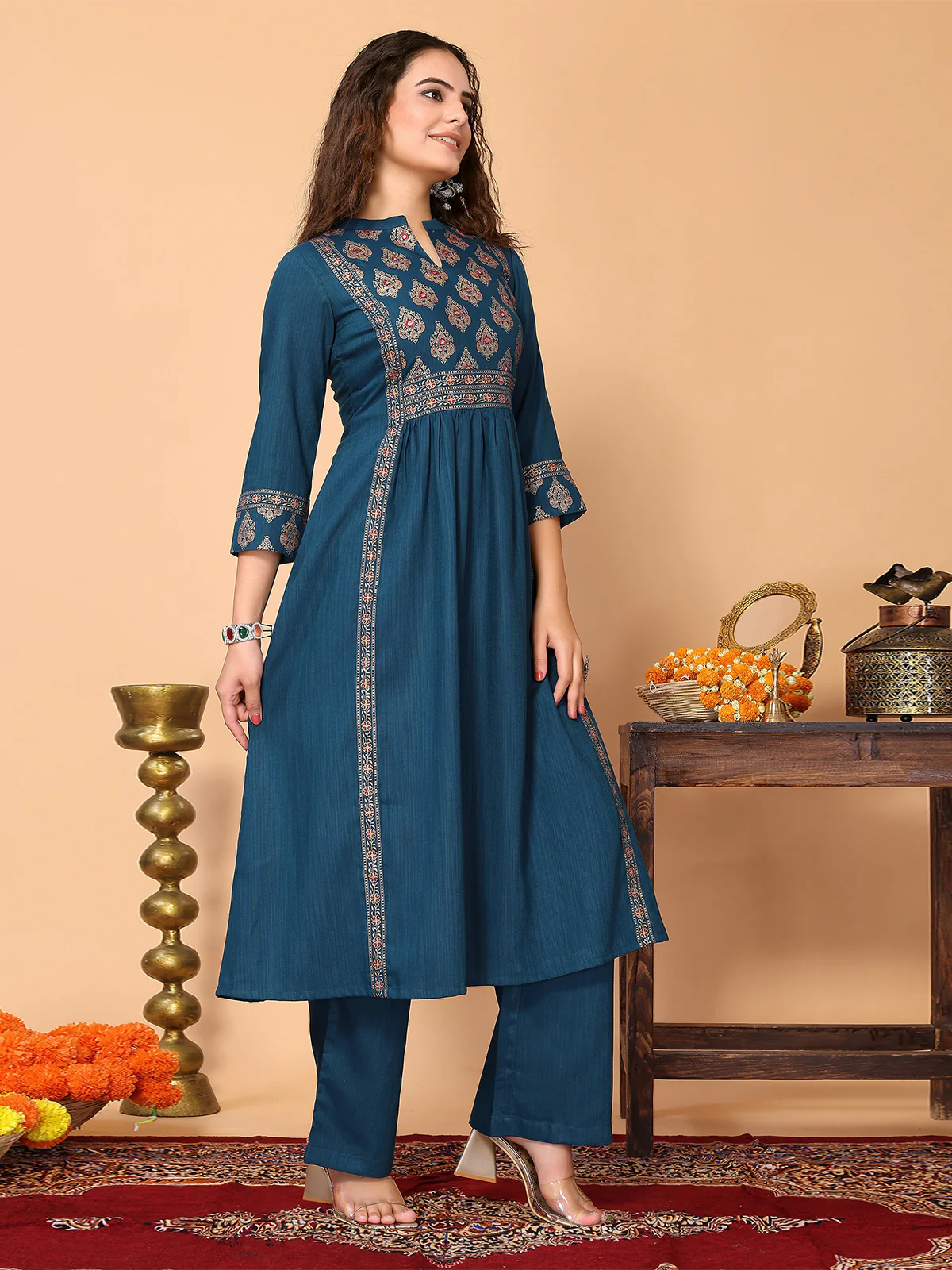 Odette Teal Cotton Blend Printed A Line Kurta Set For Women - Image 2