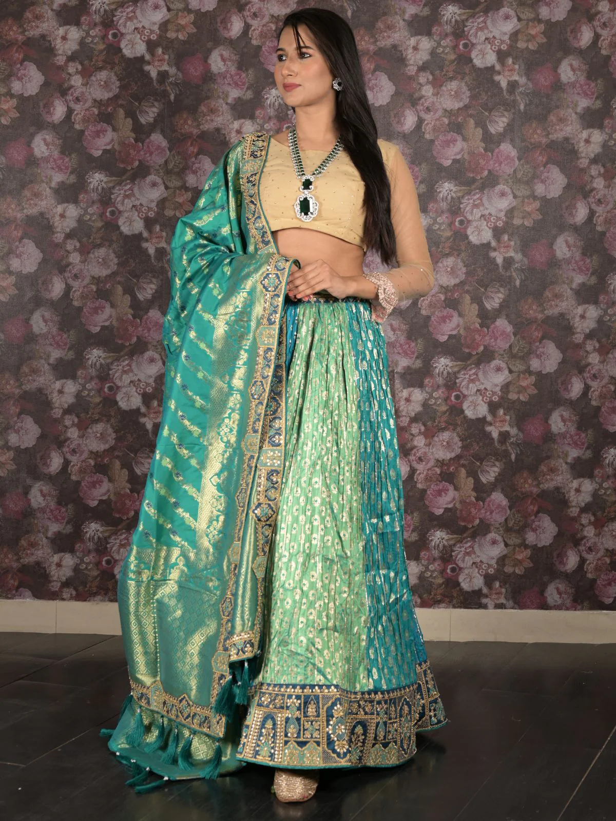 Odette Teal Dual Tone Woven Semi Stitched Net Lehenga Set With Dupatta And Unstitched Blouse For Women - Image 2