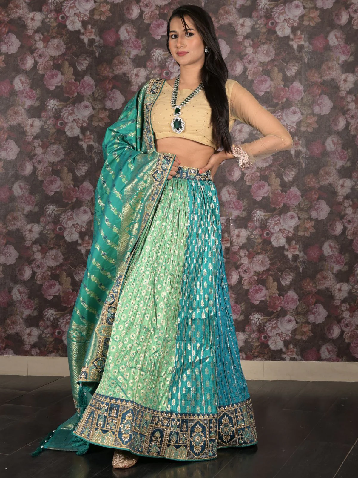 Odette Teal Dual Tone Woven Semi Stitched Net Lehenga Set With Dupatta And Unstitched Blouse For Women - Image 3