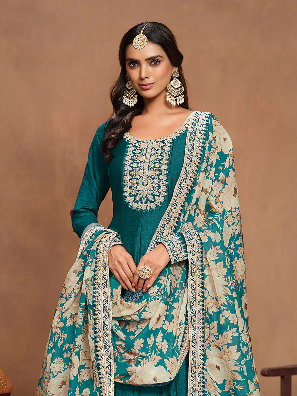 Odette Teal Embroidered Art Silk Semi Stitched Gown With Dupatta For Women - Image 3