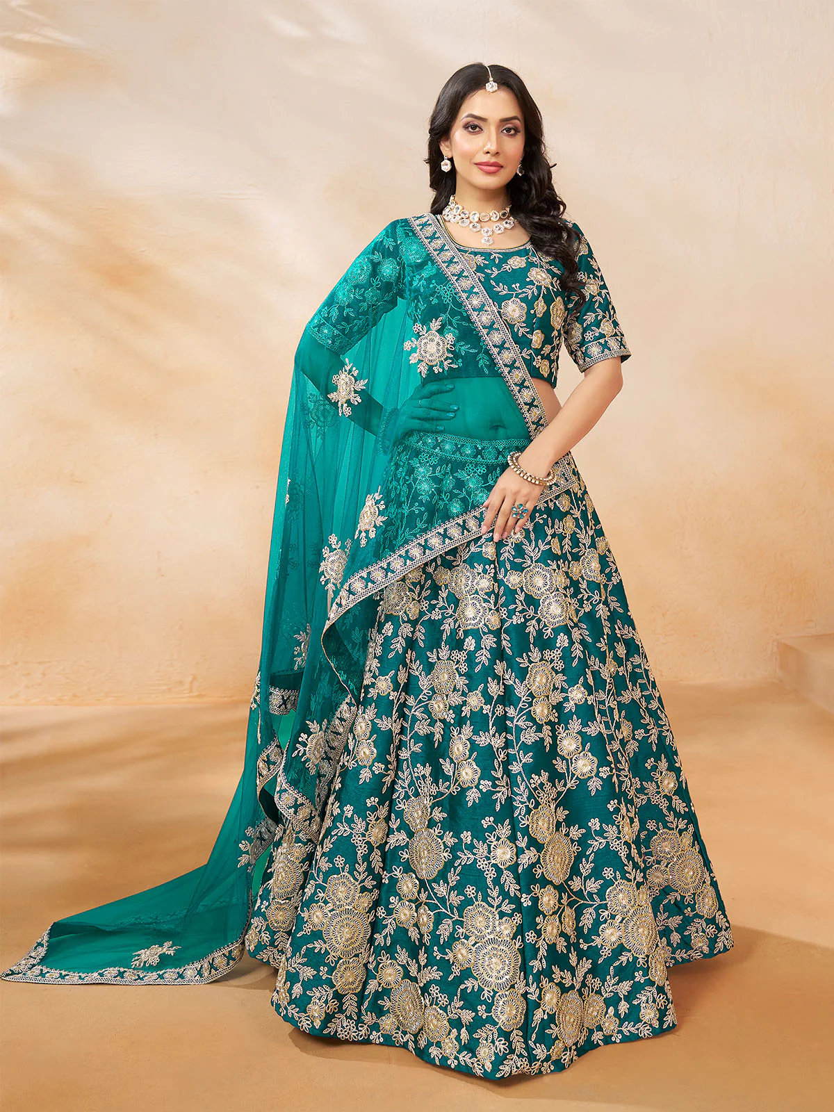 Odette Teal Embroidered Art Silk Semi Stitched Lehenga With Unstitched Blouse For Women - Image 2