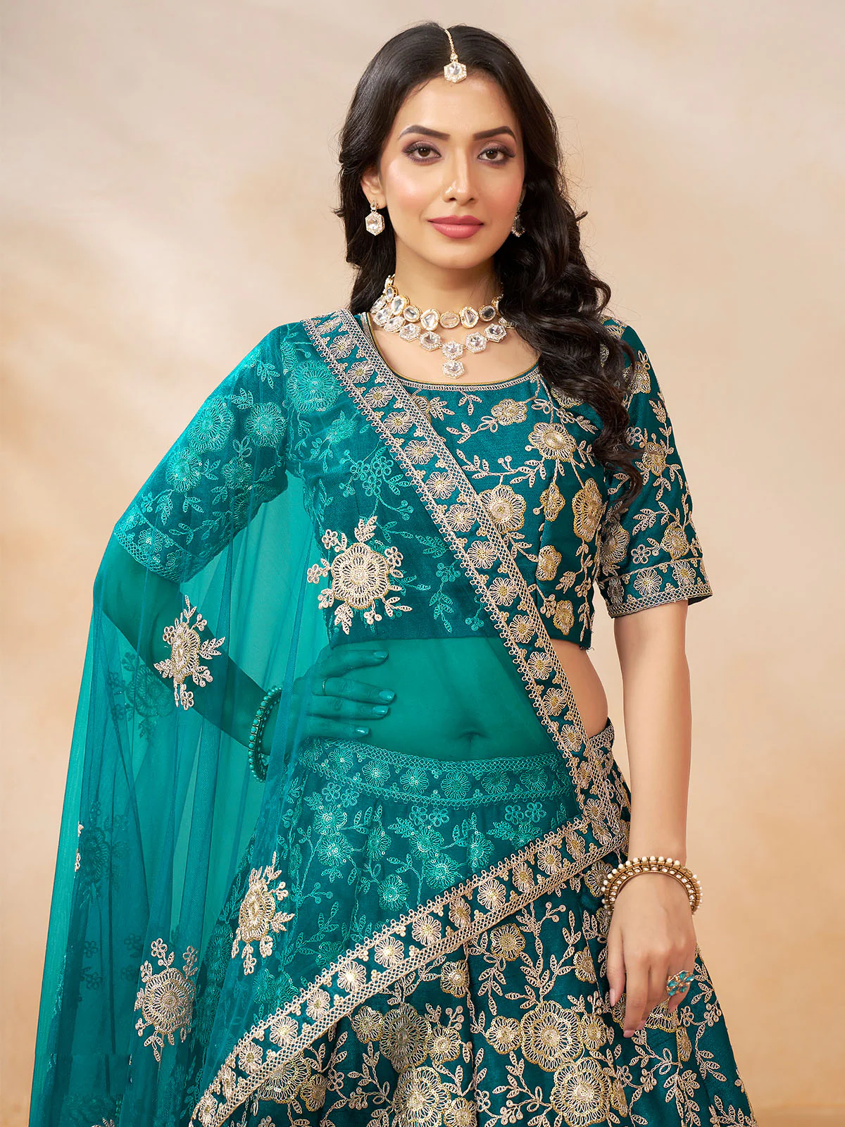 Odette Teal Embroidered Art Silk Semi Stitched Lehenga With Unstitched Blouse For Women - Image 3