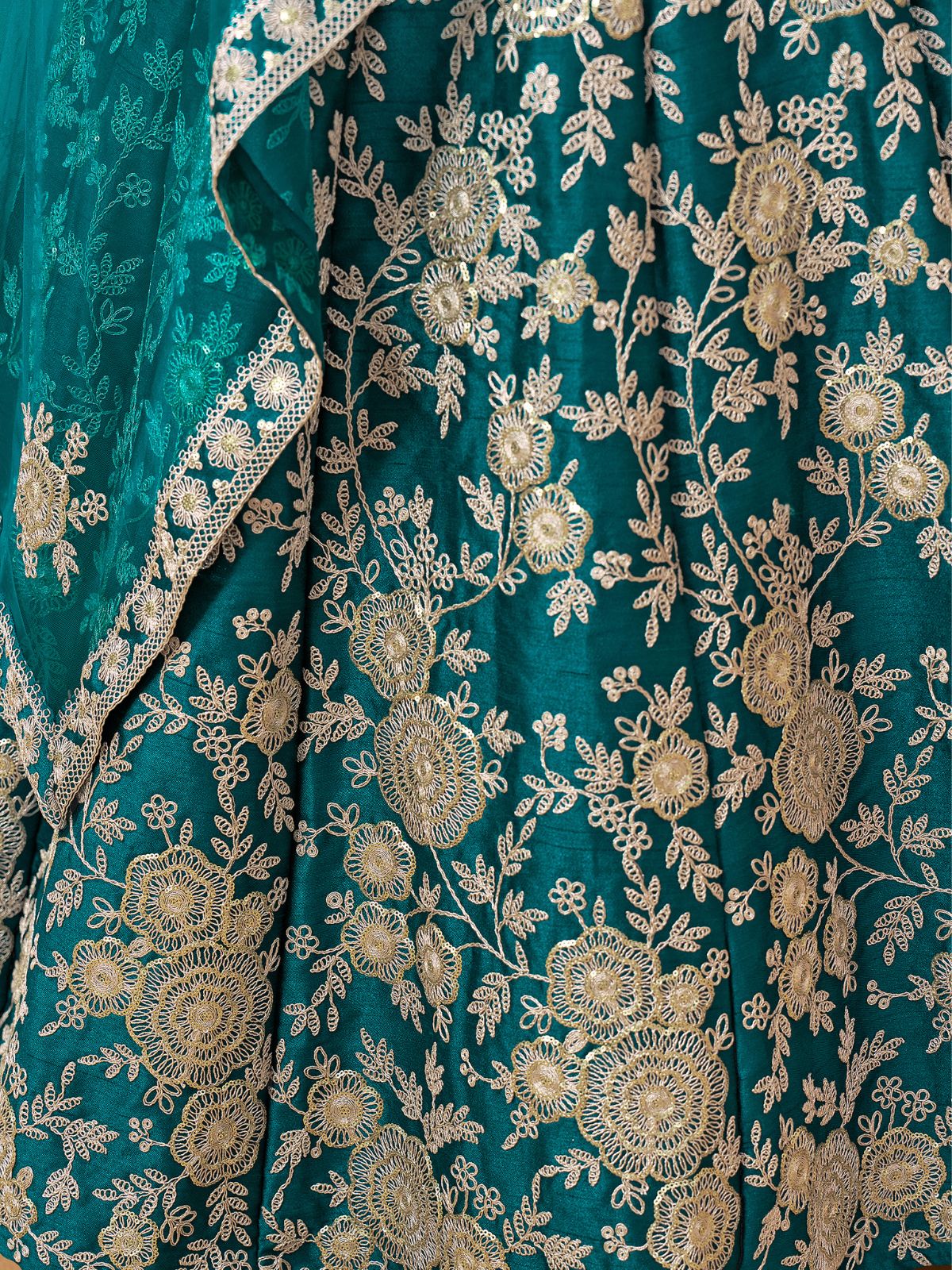 Odette Teal Embroidered Art Silk Semi Stitched Lehenga With Unstitched Blouse For Women - Image 4