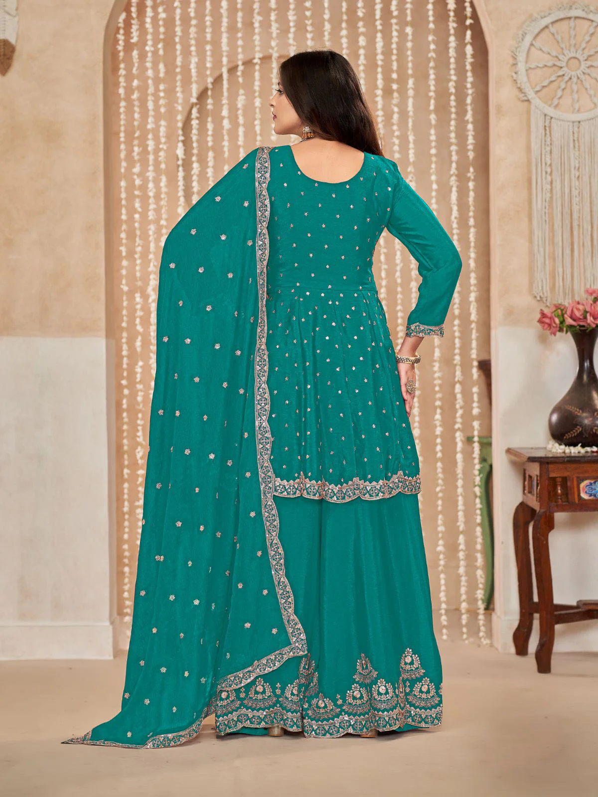 Odette Teal Embroidered Chinon Semi Stitched Kurta Set With Dupatta For Women - Image 3