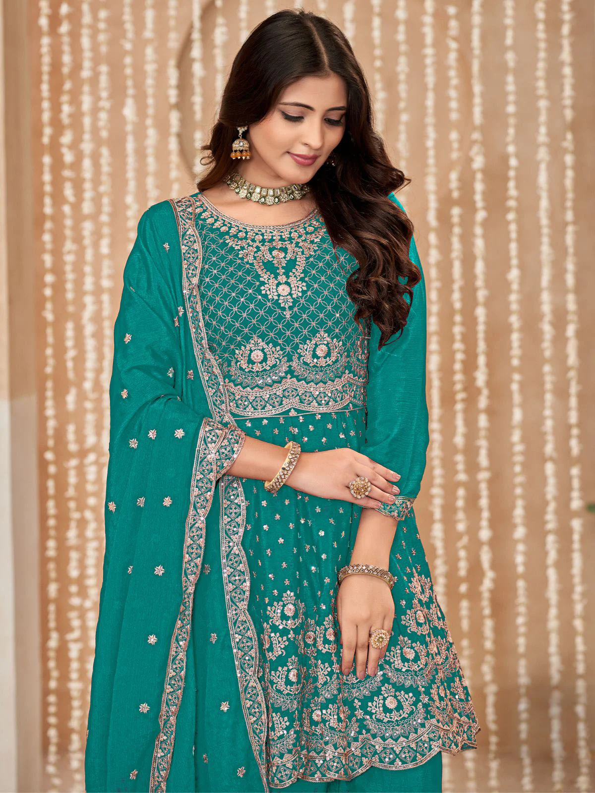 Odette Teal Embroidered Chinon Semi Stitched Kurta Set With Dupatta For Women - Image 4
