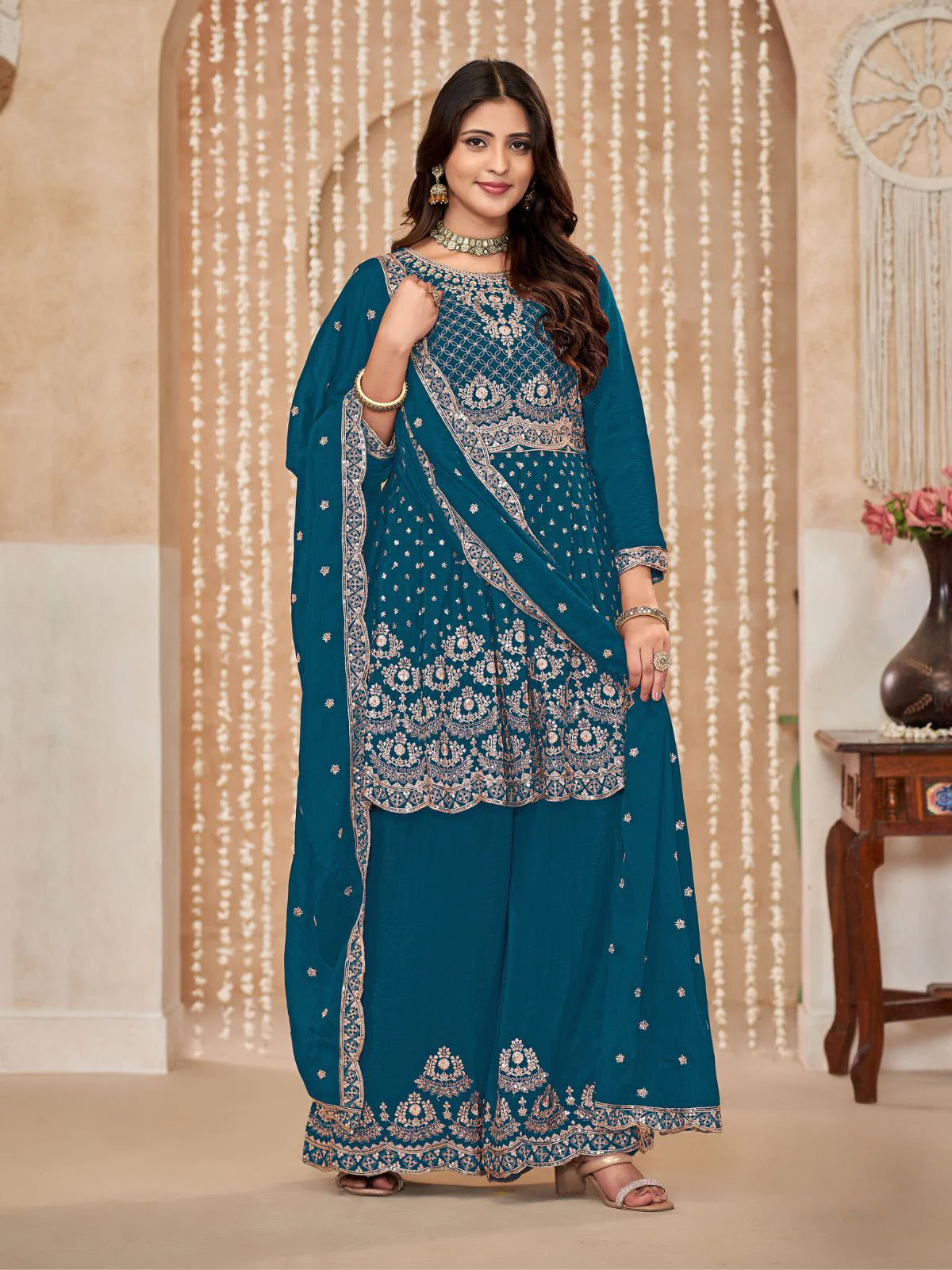 Odette Teal Embroidered Chinon Semi Stitched Kurta Set With Dupatta For Women - Image 2