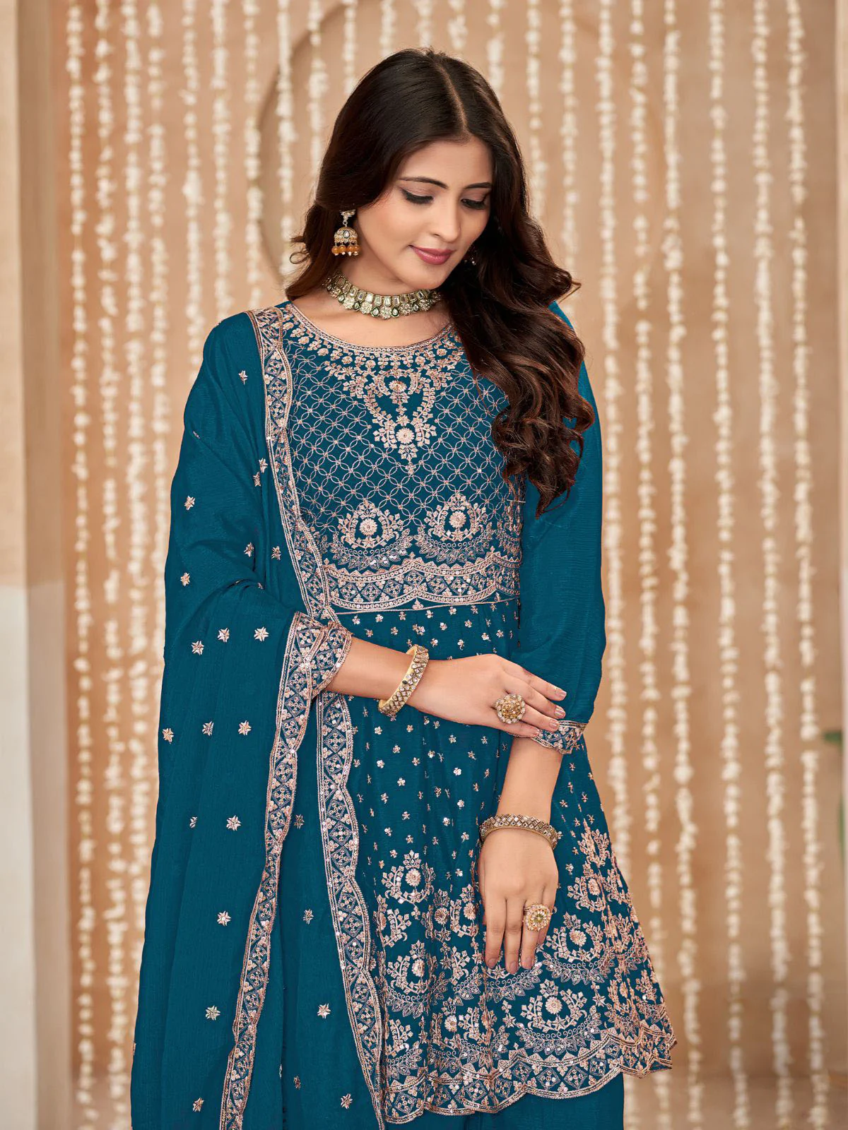 Odette Teal Embroidered Chinon Semi Stitched Kurta Set With Dupatta For Women - Image 3