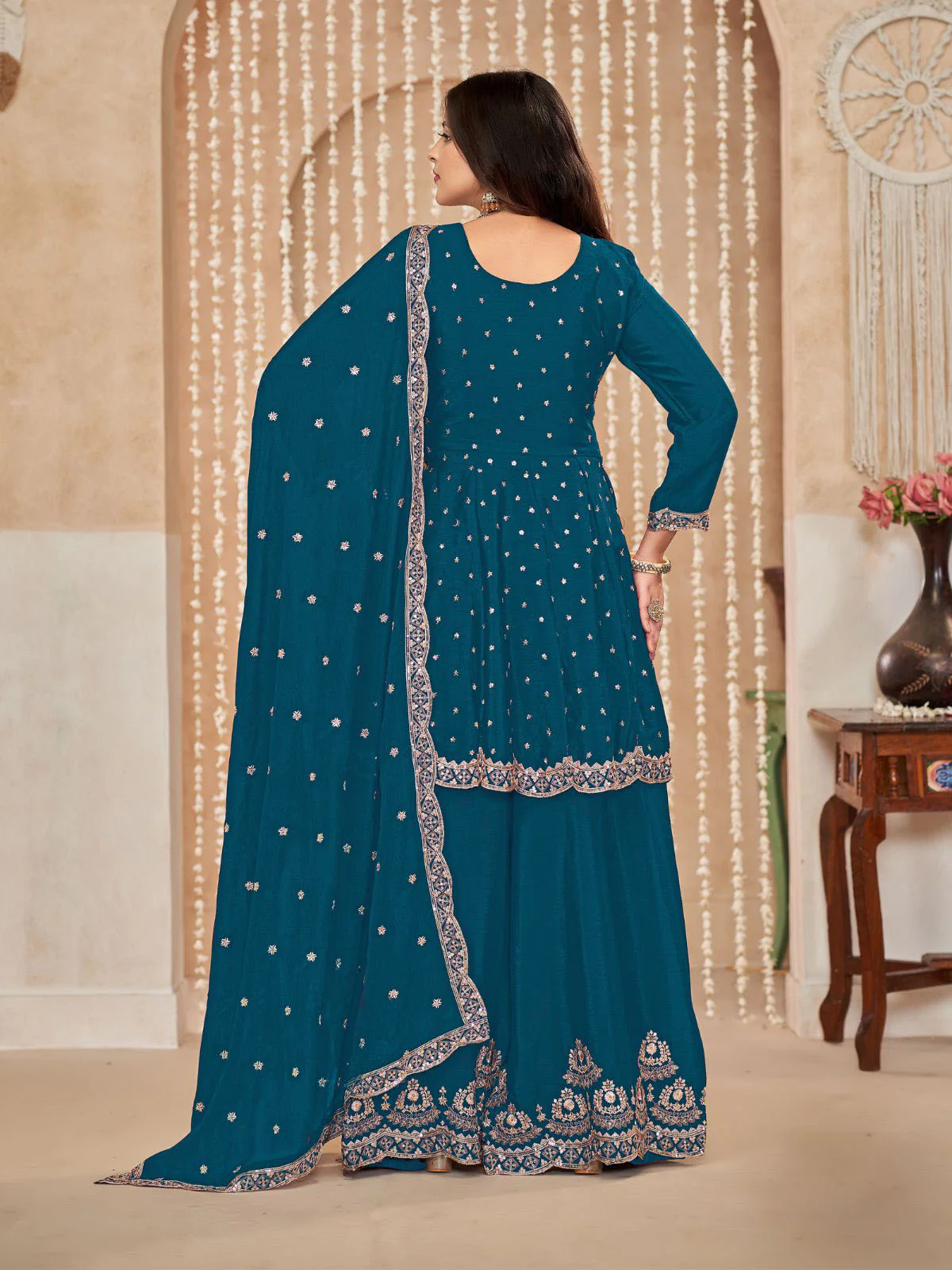 Odette Teal Embroidered Chinon Semi Stitched Kurta Set With Dupatta For Women - Image 4