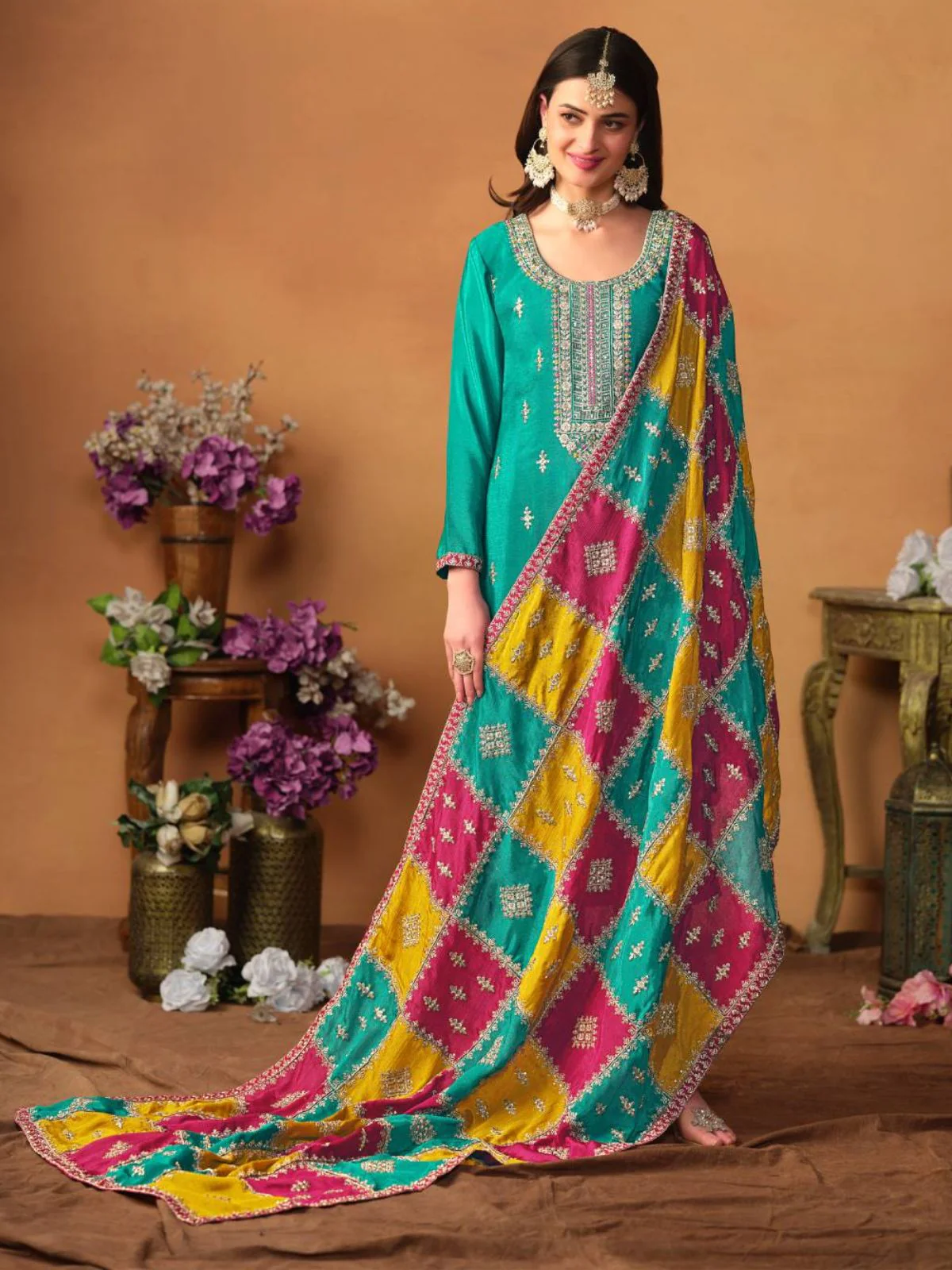 Odette Teal Embroidered Chinon Silk Unstitched Kurta Set For Women - Image 3