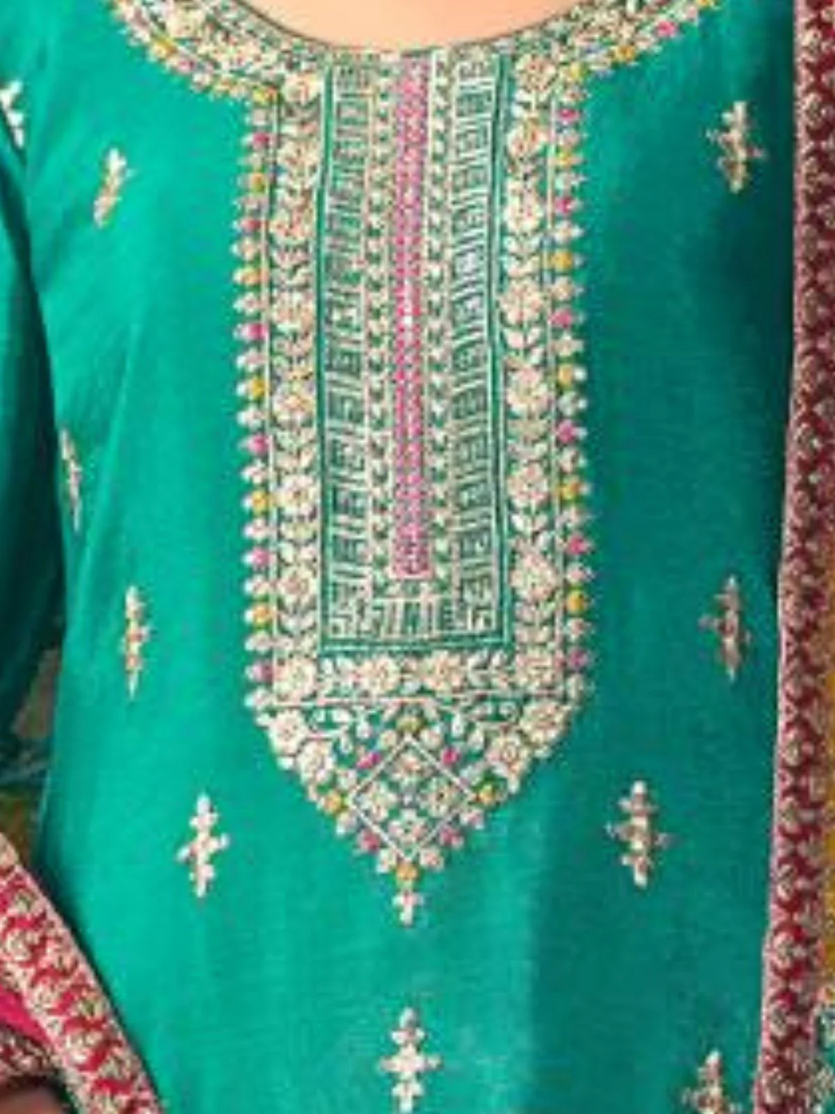 Odette Teal Embroidered Chinon Silk Unstitched Kurta Set For Women - Image 5