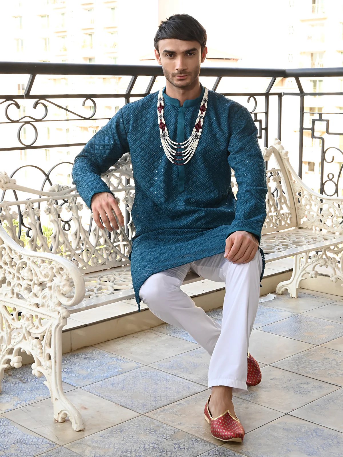 Odette Teal Embroidered Cotton Kurta Set For Men - Image 3