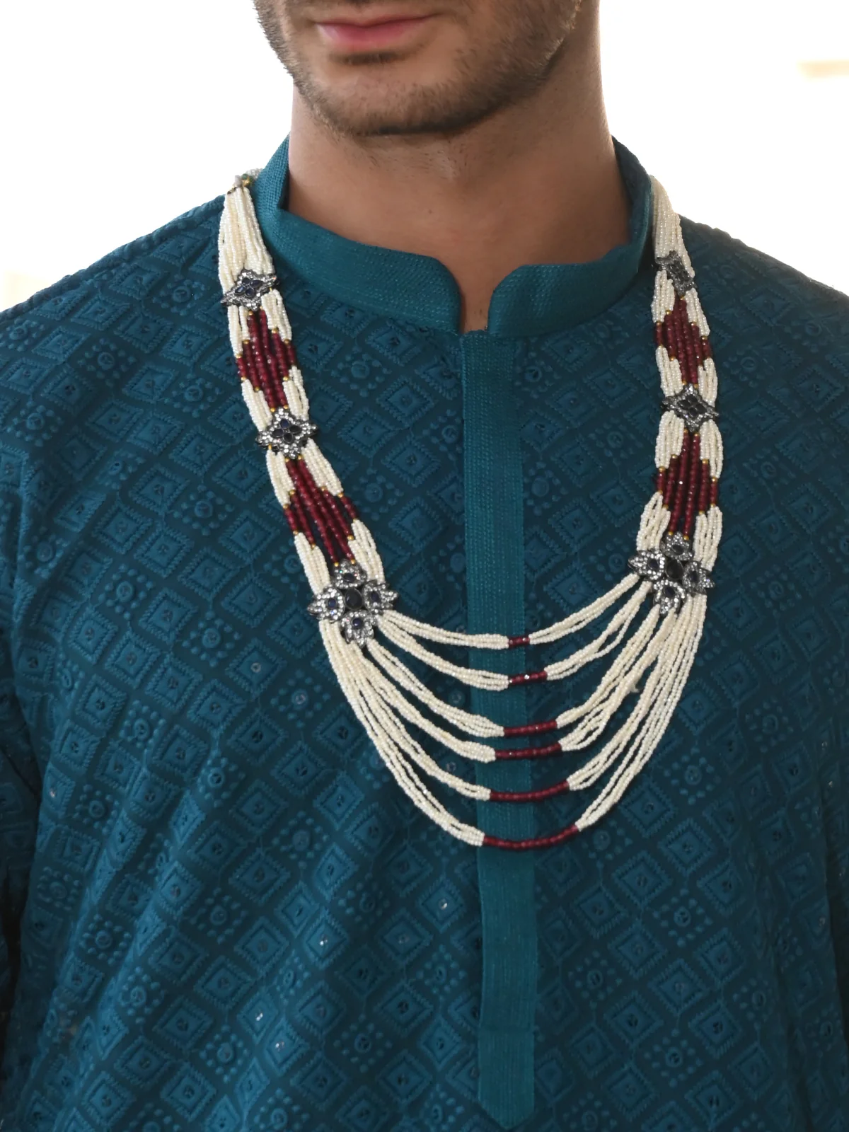 Odette Teal Embroidered Cotton Kurta Set For Men - Image 5