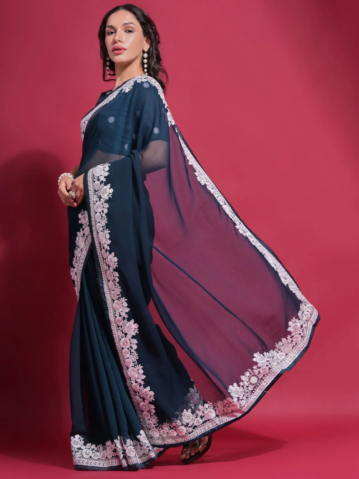 Odette Teal Embroidered Georgette Saree With Unstitched Blouse For Women - Image 2