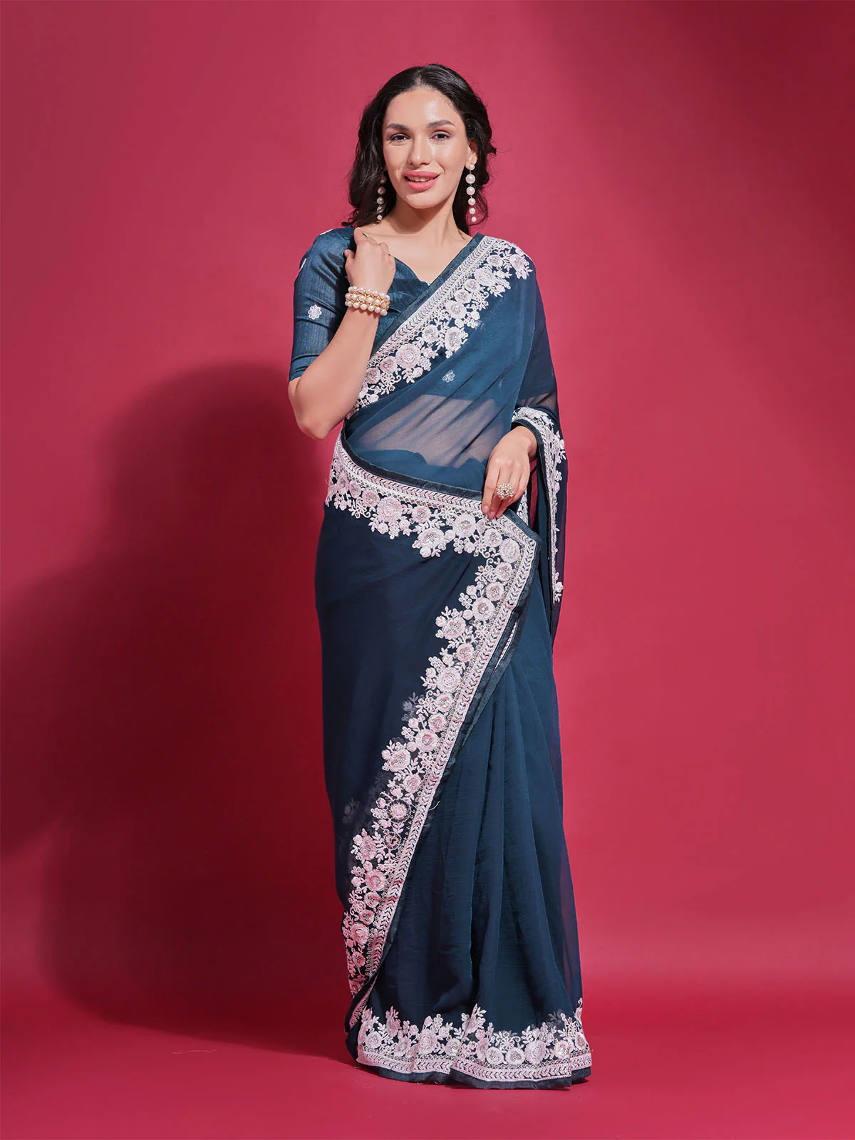 Odette Teal Embroidered Georgette Saree With Unstitched Blouse For Women - Image 3