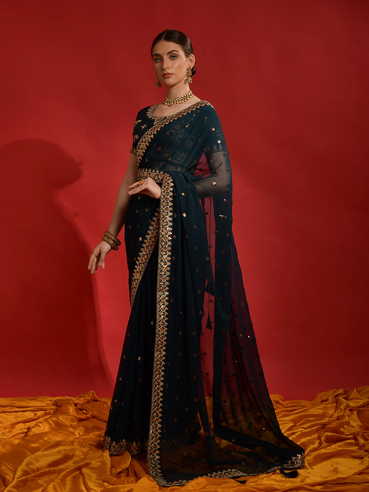 Odette Teal Embroidered Georgette Saree With Unstitched Blouse For Women - Image 2