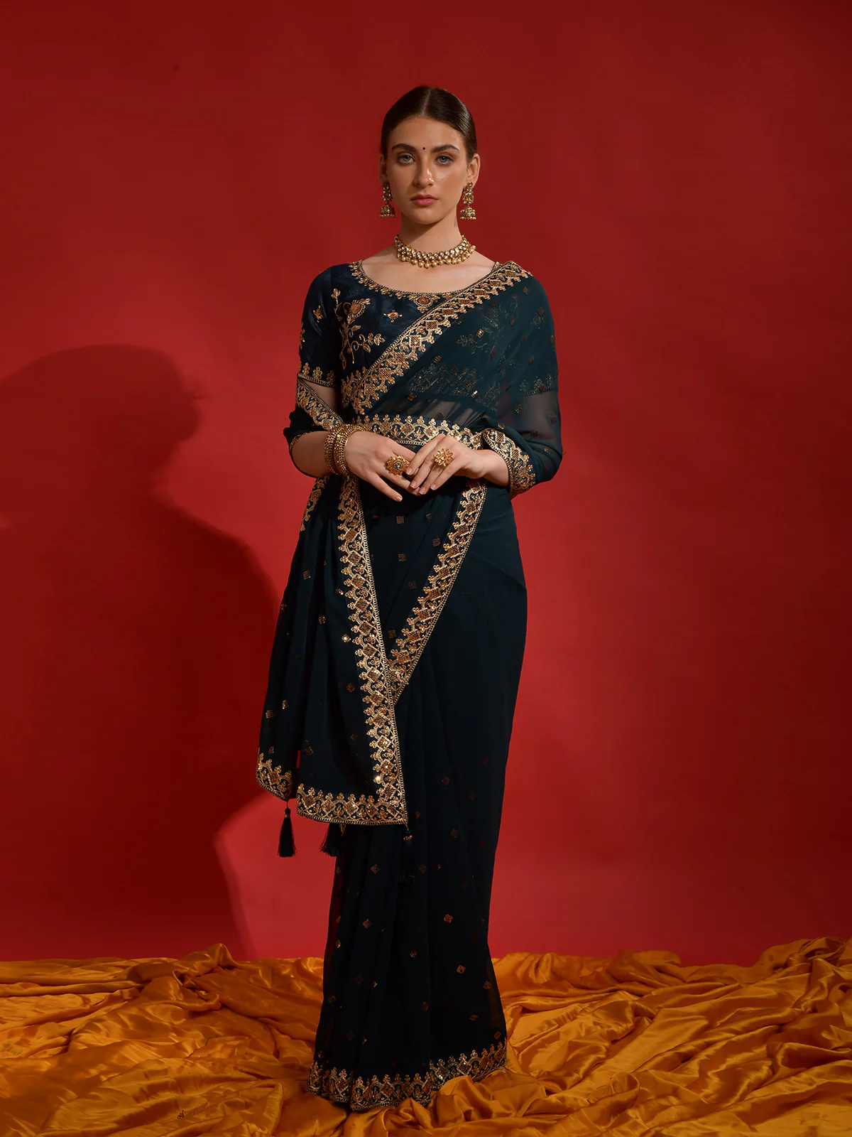 Odette Teal Embroidered Georgette Saree With Unstitched Blouse For Women - Image 3