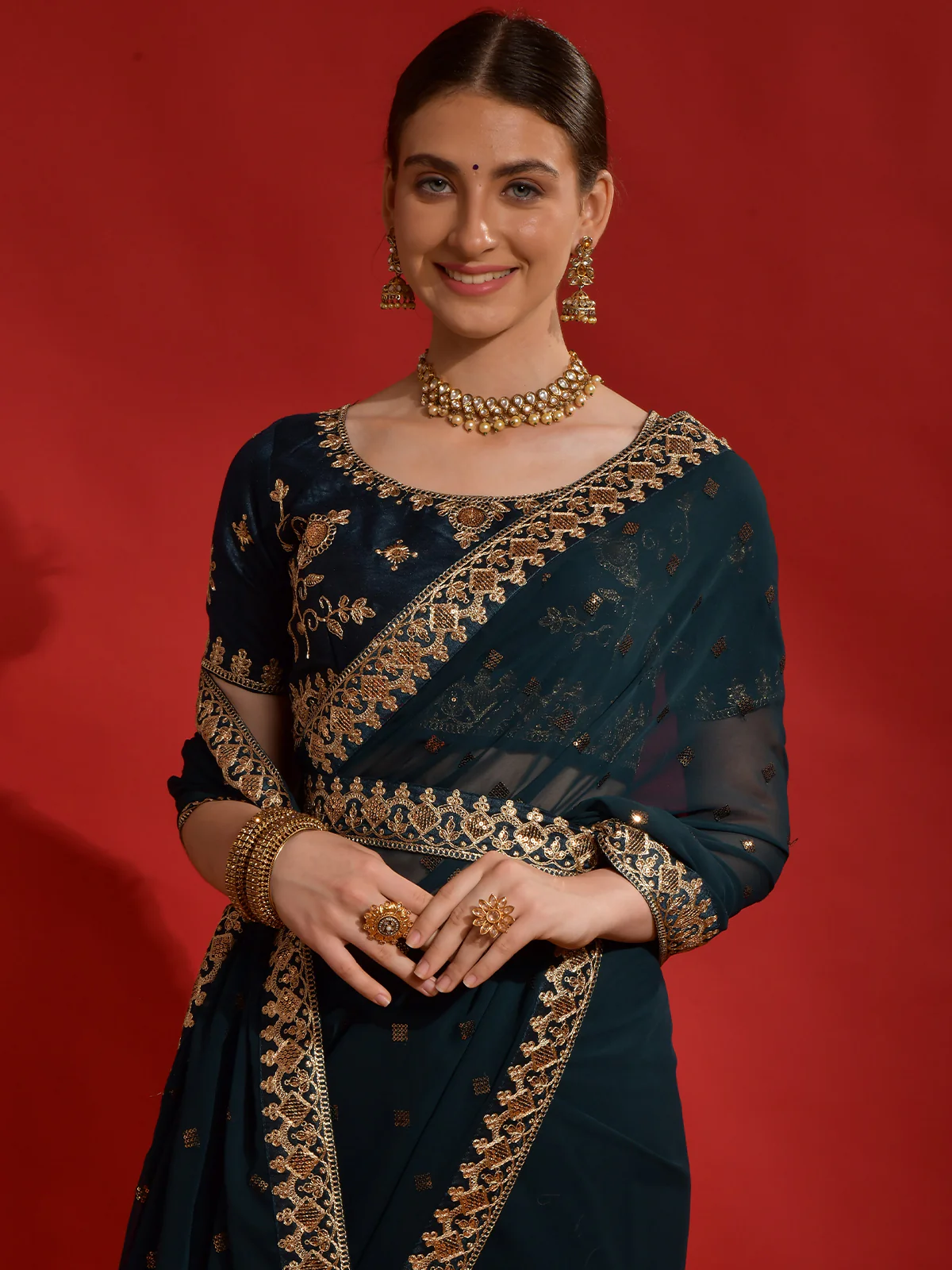 Odette Teal Embroidered Georgette Saree With Unstitched Blouse For Women - Image 5