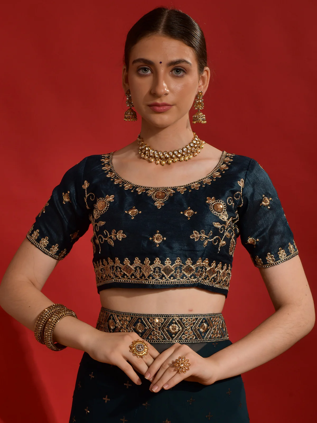 Odette Teal Embroidered Georgette Saree With Unstitched Blouse For Women - Image 6