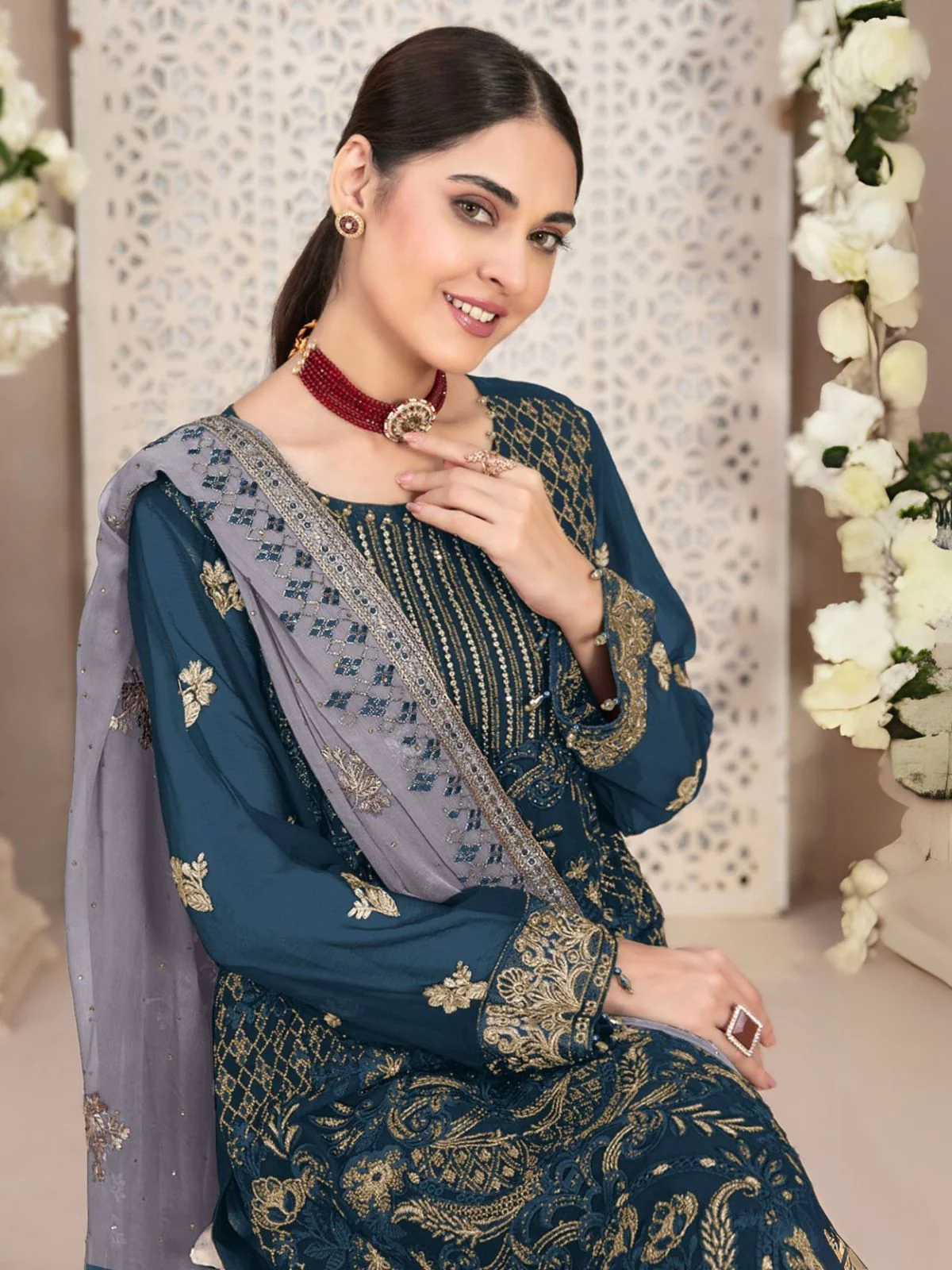 Odette Teal Embroidered Georgette Semi-Stitched Kurta Set For Women - Image 2
