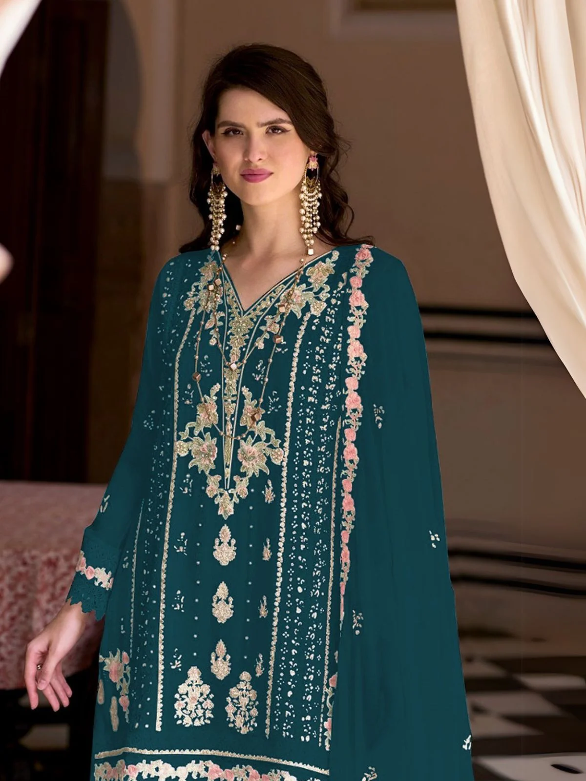 Odette Teal Embroidered Georgette Semi-Stitched Kurta Set For Women - Image 2