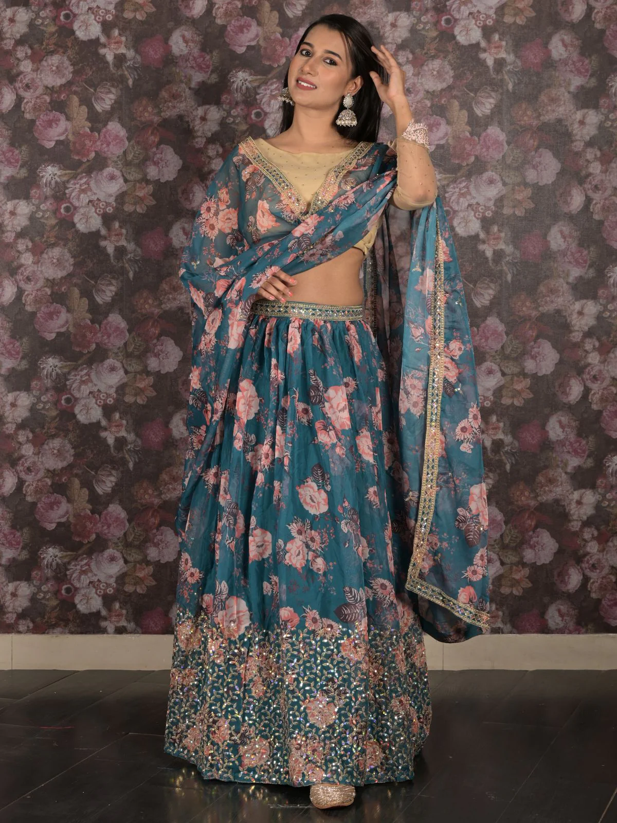 Odette Teal Embroidered Lehenga Set With Dupatta And Unstitched Blouse For Women - Image 2