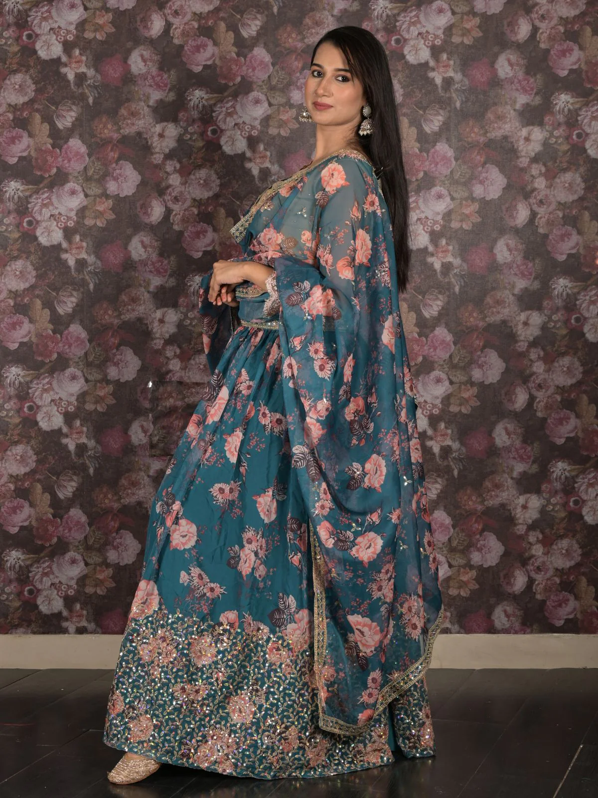 Odette Teal Embroidered Lehenga Set With Dupatta And Unstitched Blouse For Women - Image 3