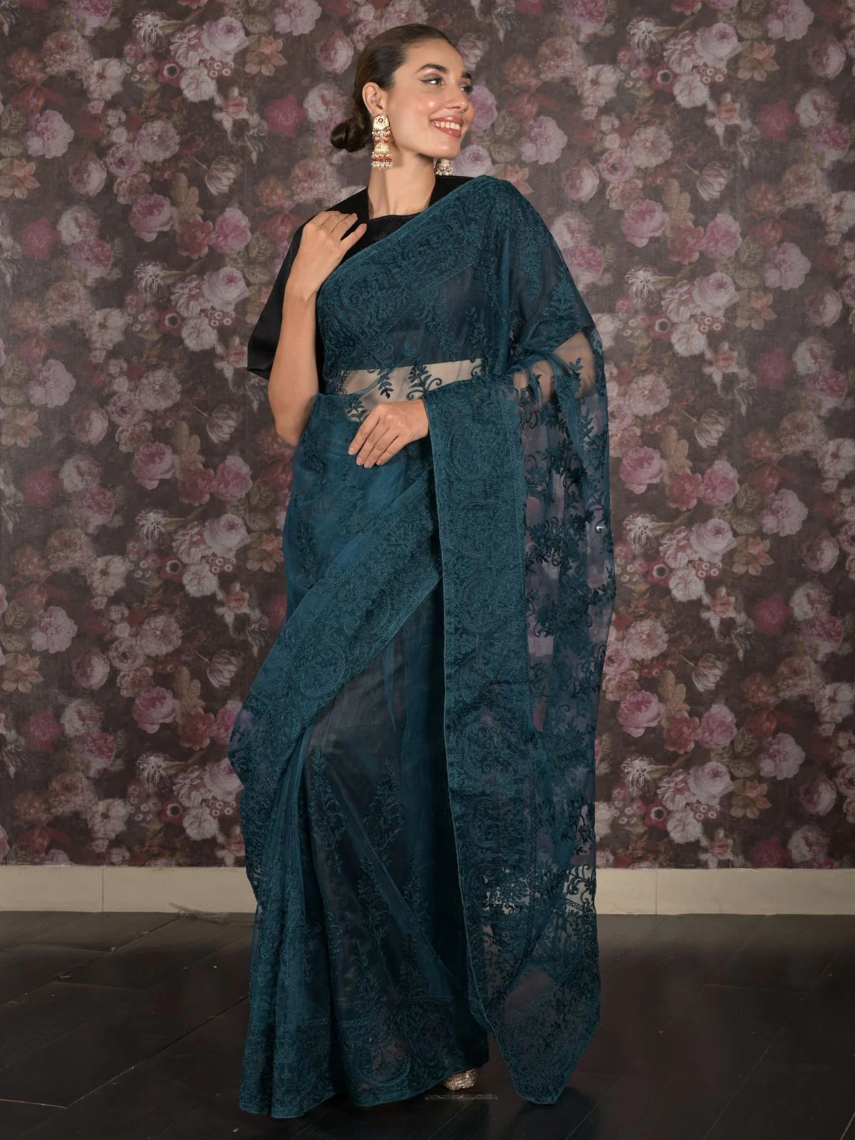 Odette Teal Embroidered Net Saree with Unstitched Blouse for Women - Image 2