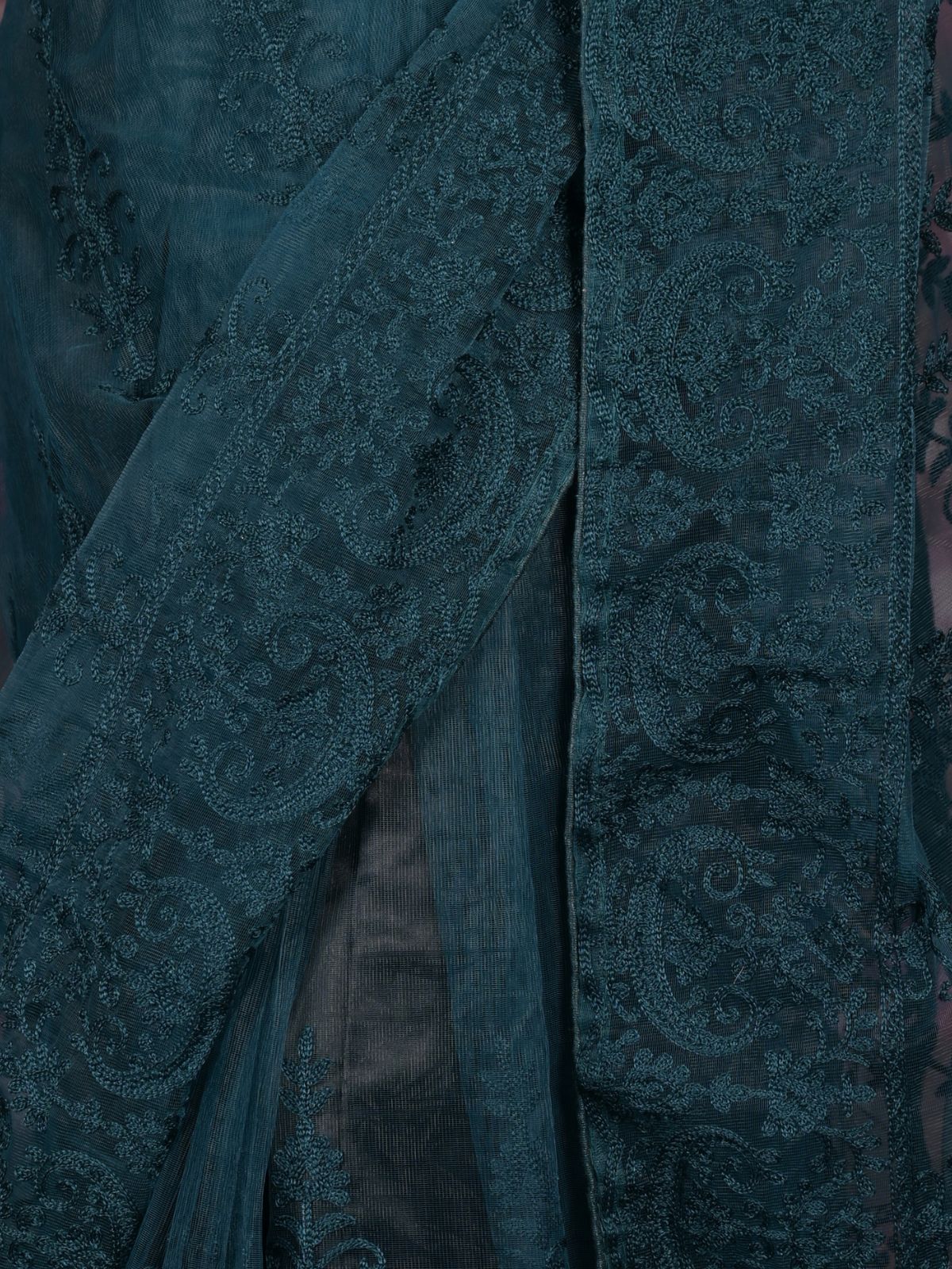 Odette Teal Embroidered Net Saree with Unstitched Blouse for Women - Image 5