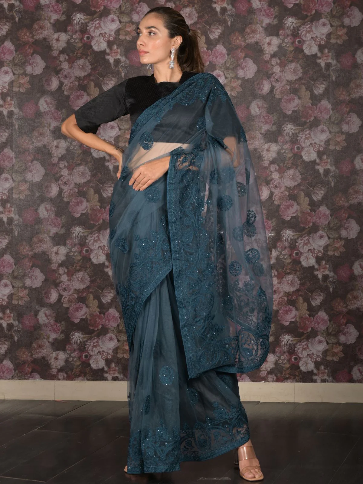 Odette Teal Embroidered Net Saree with Unstitched Blouse for Women - Image 2
