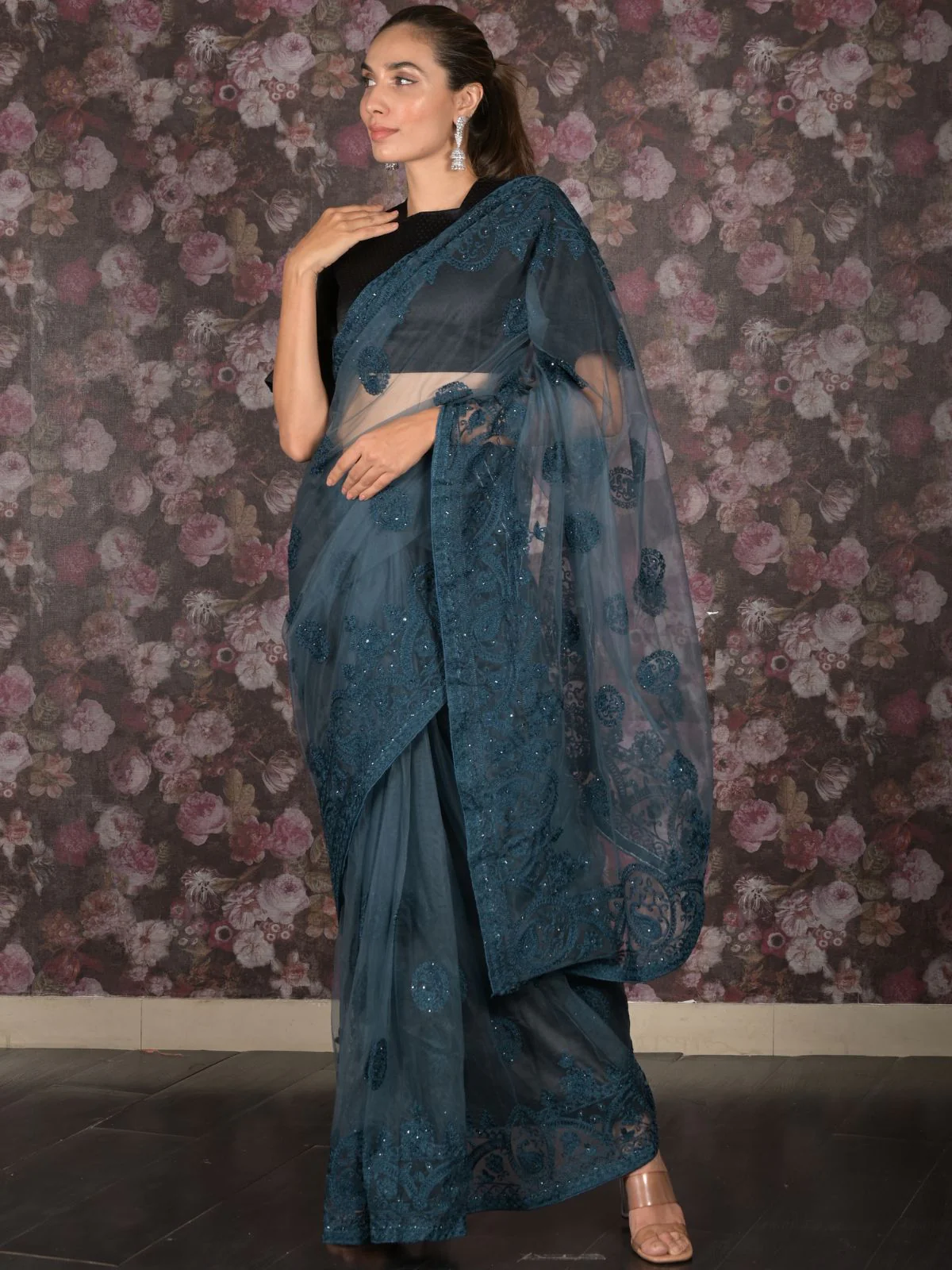 Odette Teal Embroidered Net Saree with Unstitched Blouse for Women - Image 3