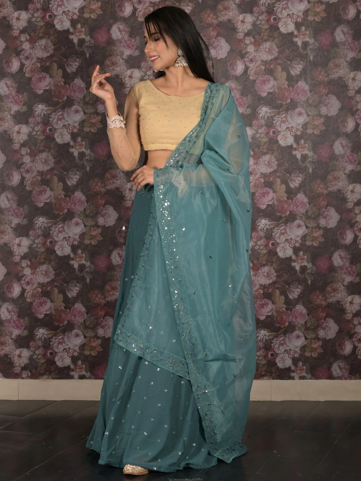 Odette Teal Embroidered Semi Stitched Georgette Lehenga Set With Dupatta And Unstitched Blouse For Women - Image 2