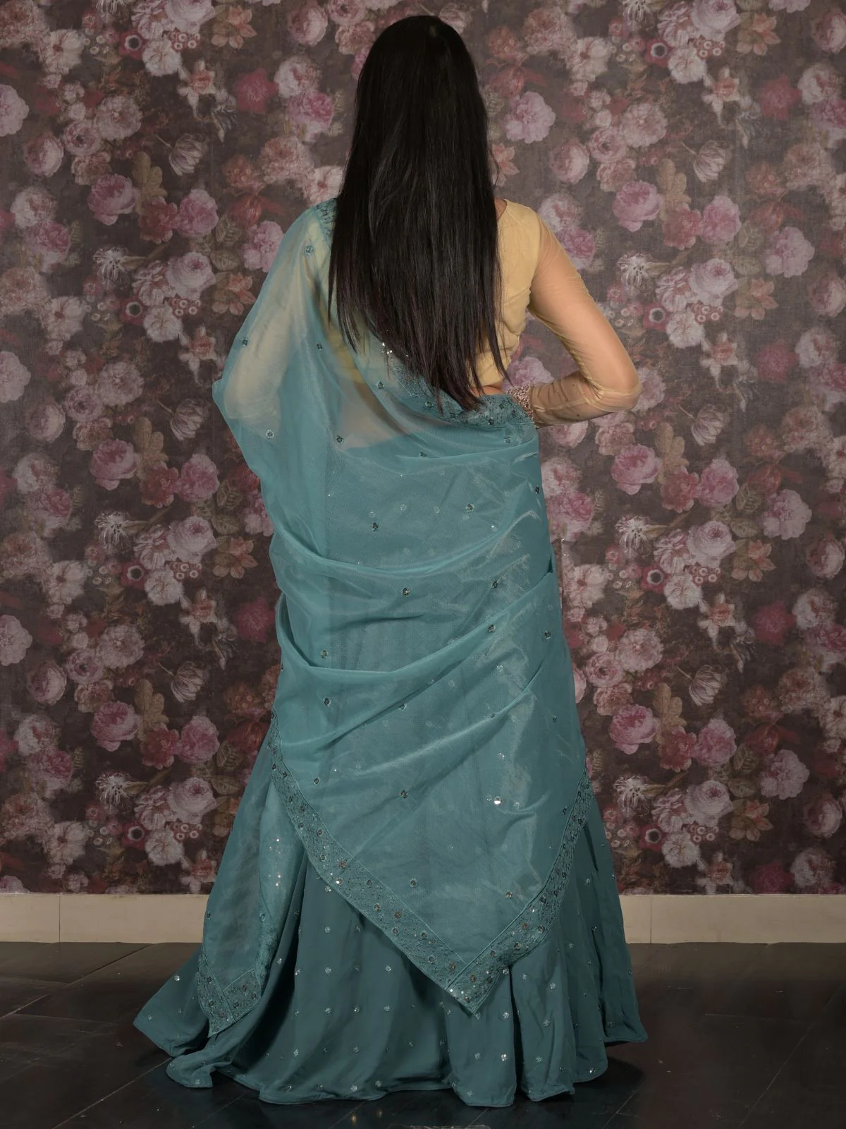 Odette Teal Embroidered Semi Stitched Georgette Lehenga Set With Dupatta And Unstitched Blouse For Women - Image 4