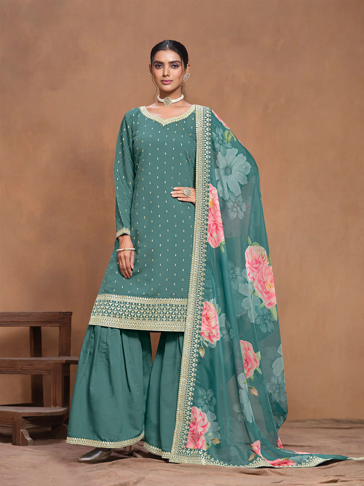 Odette Teal Embroidered Silk Blend Semi Stitched Kurta Set For Women