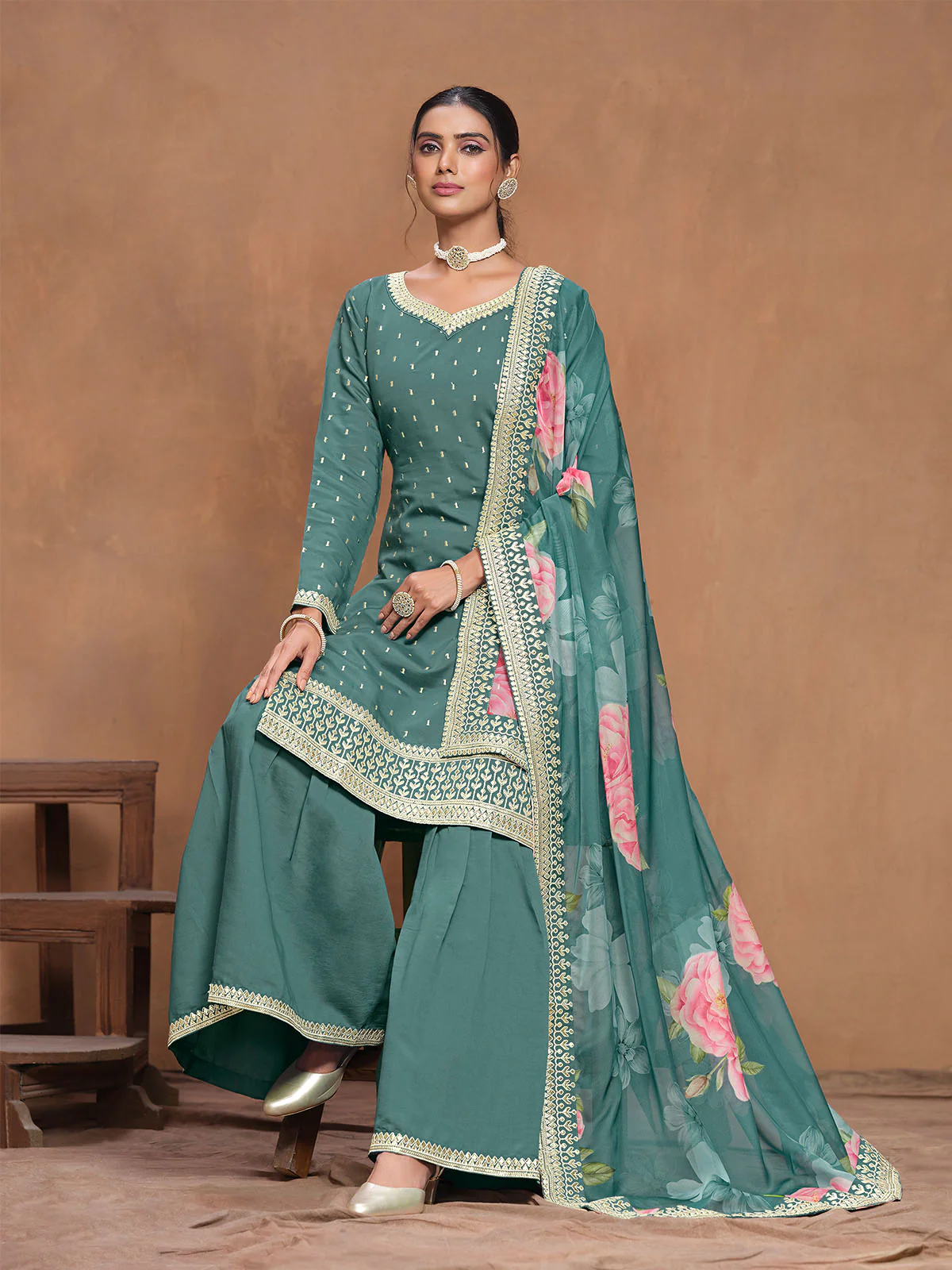 Odette Teal Embroidered Silk Blend Semi Stitched Kurta Set For Women - Image 3