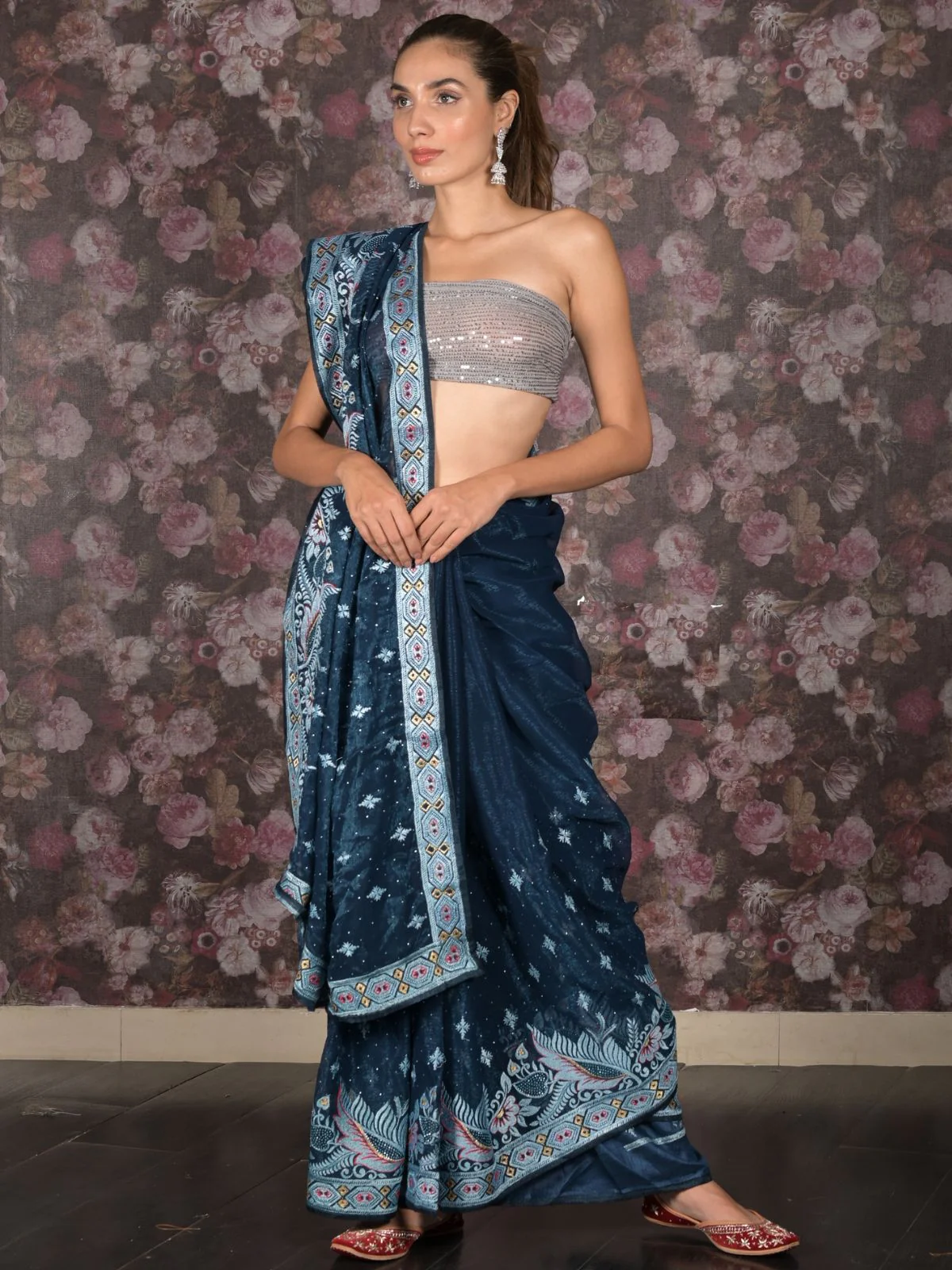 Odette Teal Embroidered Tissue Saree With Unstitched Blouse For Women - Image 2