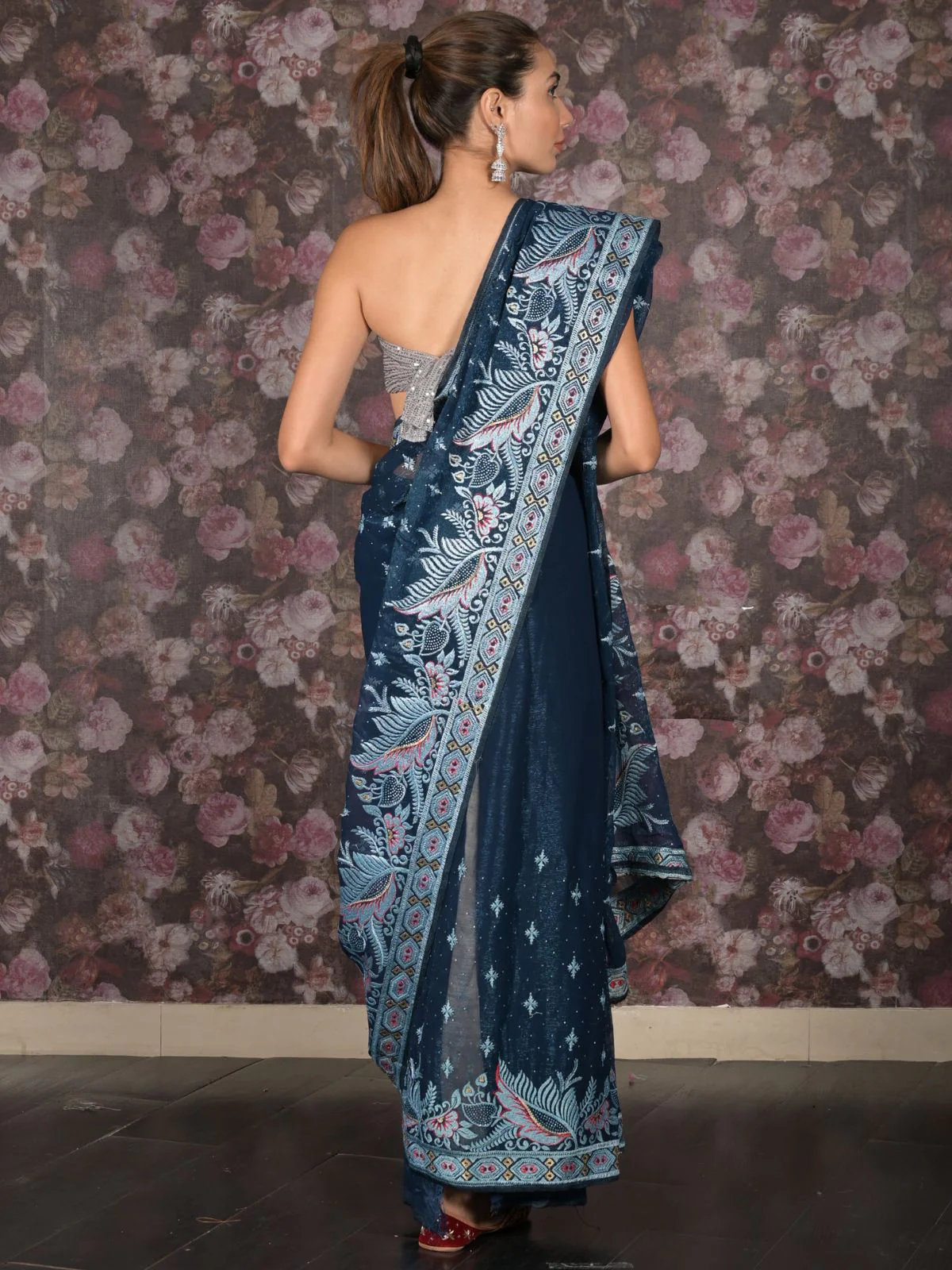 Odette Teal Embroidered Tissue Saree With Unstitched Blouse For Women - Image 4