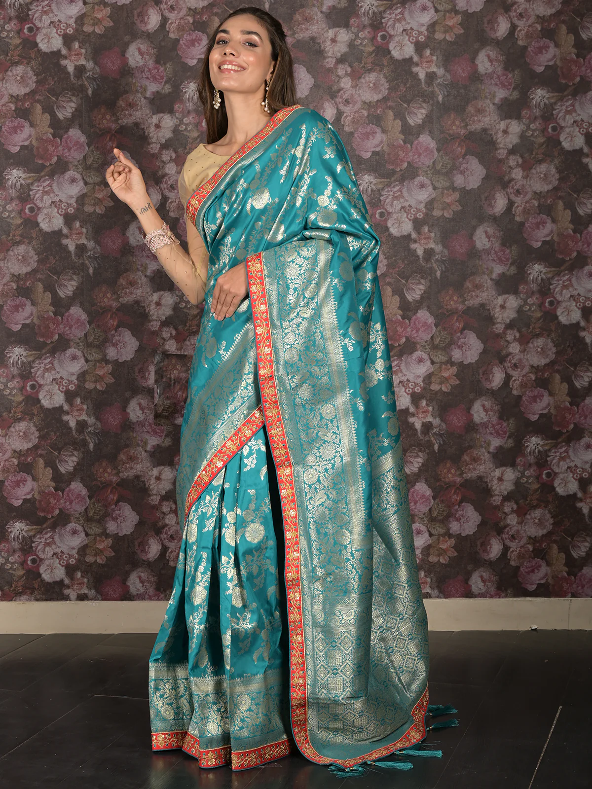 Odette Teal Ethnic Banarasi Silk Saree with Unstitched Blouse for Women